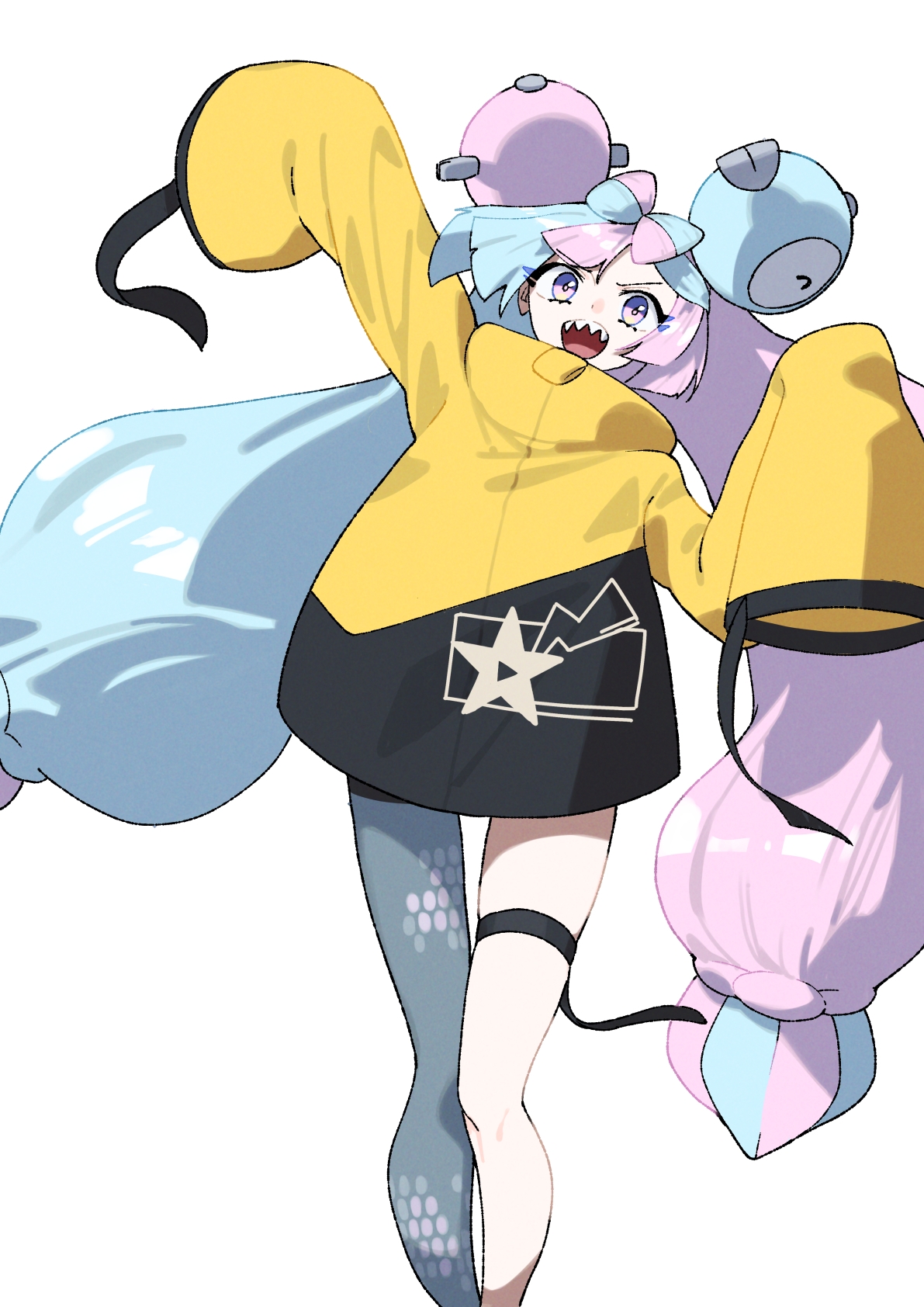 aoi (altea0923), iono (pokemon), nintendo, pokemon, pokemon sv, bow-shaped hair, fake hair bun, grey pantyhose, halter shirt, halterneck, hexagon print, jacket, multicolored hair, oversized clothes, pantyhose, sharp teeth, single leg pantyhose, sleeves past fingers, sleeves past wrists, split-color hair, teeth, two-tone hair, very long sleeves, x (symbol), yellow jacket