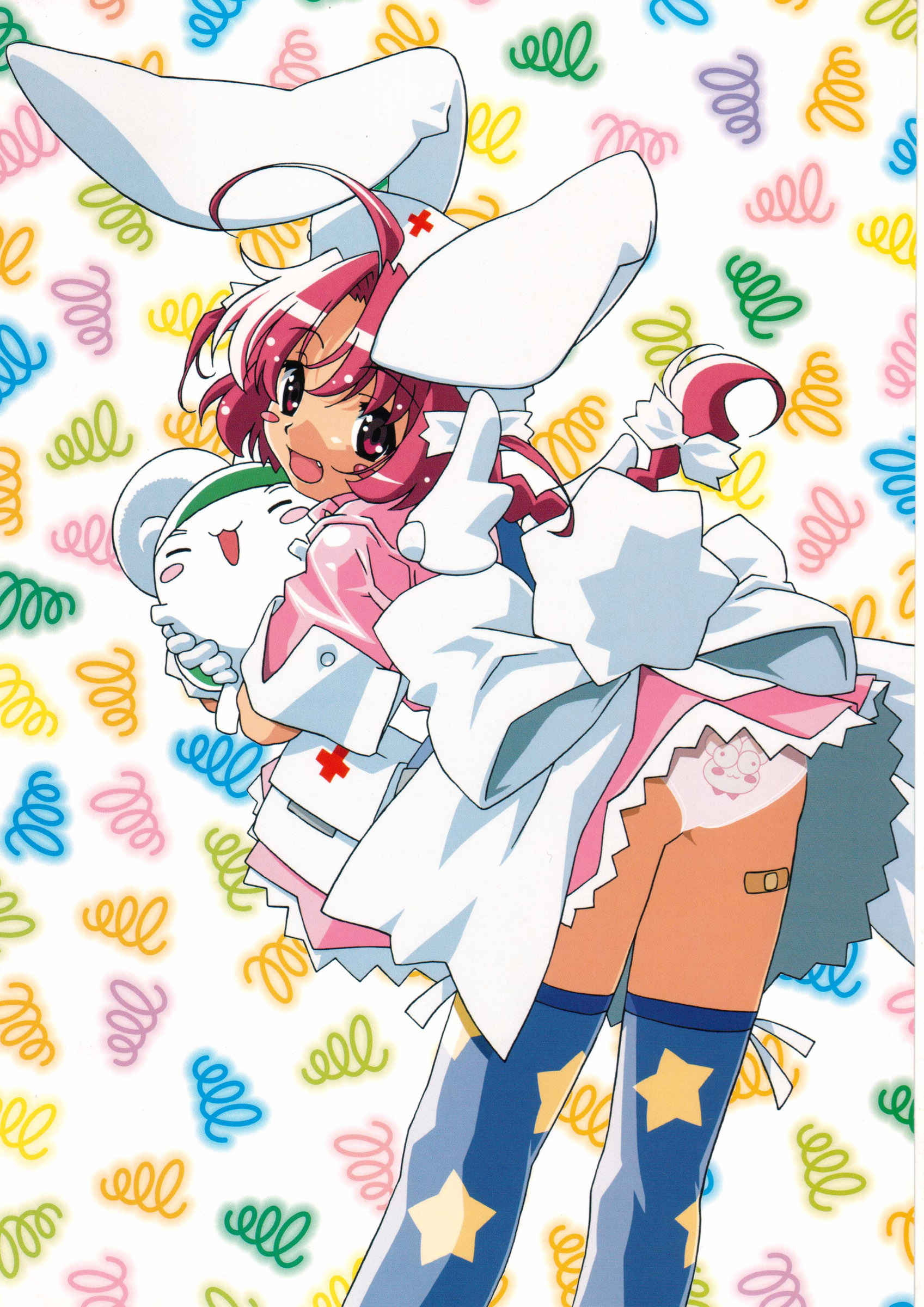 nakahara komugi, nurse witch komugi-chan, absurdres, highres, 00s, animal ears, bandaid, blush, mugi maru, nurse, panties, print panties, rabbit ears, thighhighs, underwear