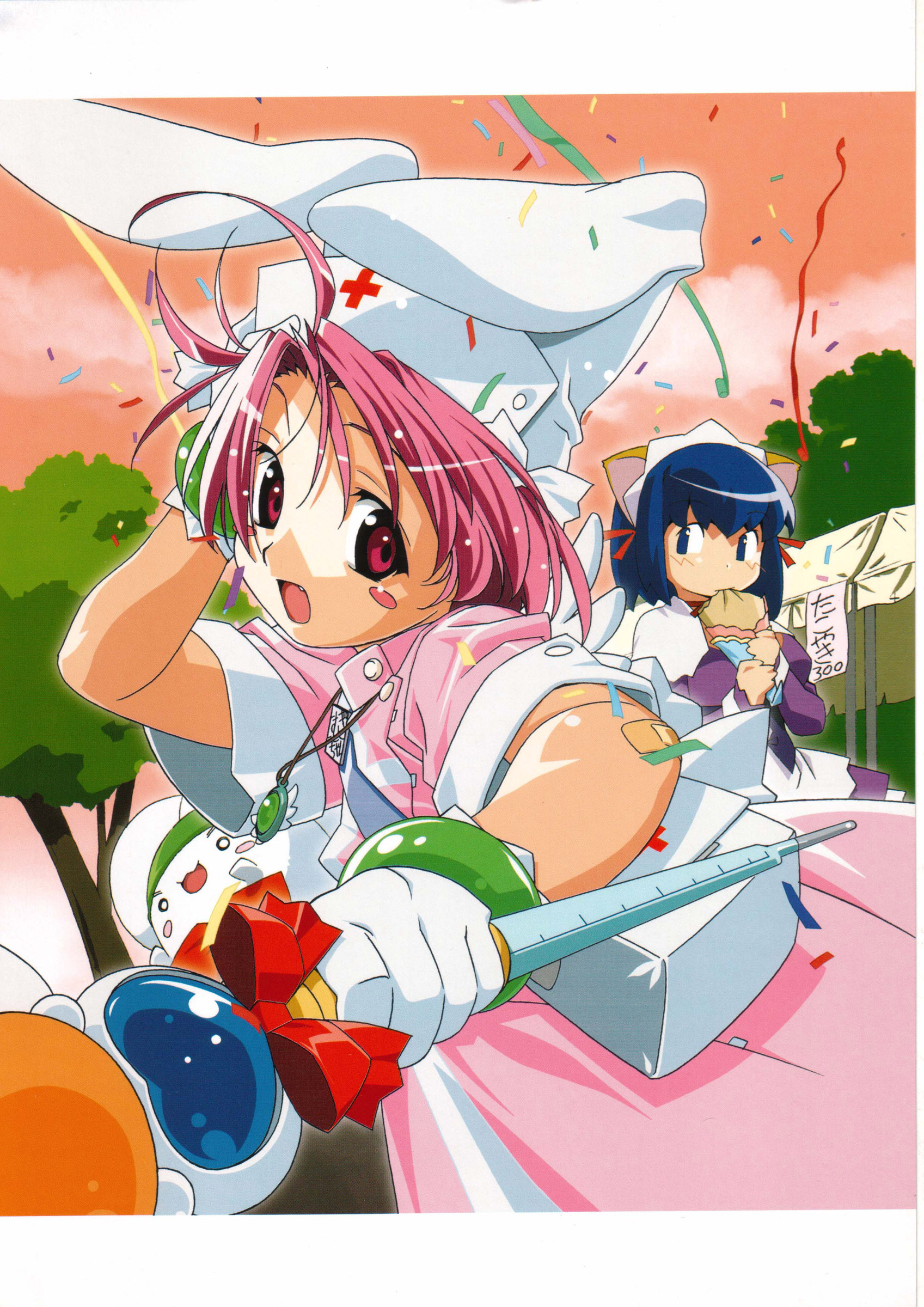 kokubunji koyori, nakahara komugi, posokichi, nurse witch komugi-chan, absurdres, highres, 00s, animal ears, bandaid, blush, magical maid koyori, maid, mugi maru, nurse, rabbit ears, raccoon ears