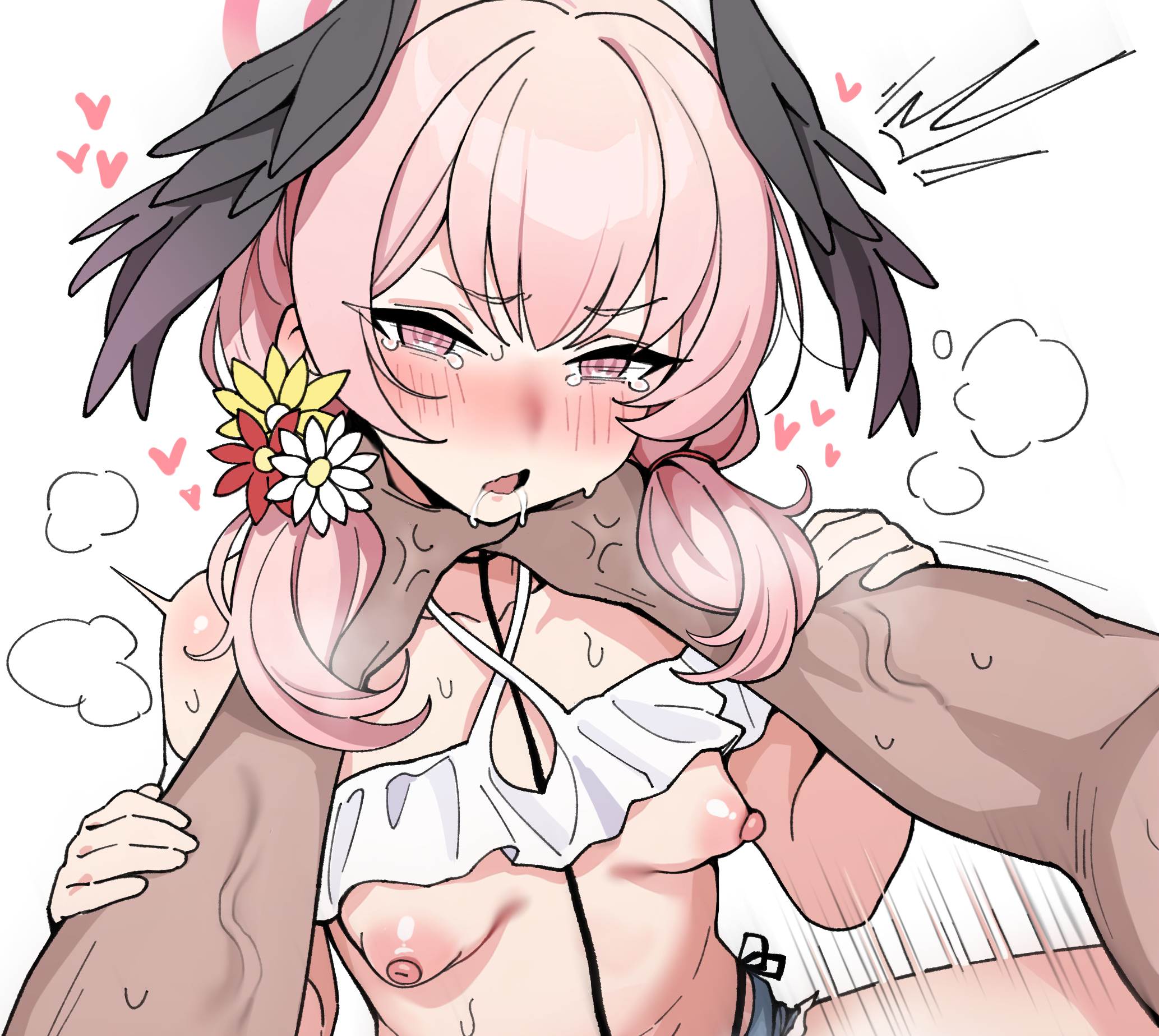 aspara, rong hui, koharu (blue archive), koharu (pizza hut) (blue archive), blue archive, commentary, highres, 1boy, 1girl, alternate costume, bare shoulders, bikini, bikini top lift, black wings, blush, breasts, clothes lift, criss-cross halter, dashed eyes, drooling, feathered wings, flower, hair flower, hair ornament, halo, halterneck, head wings, hetero, long hair, nipples, off-shoulder bikini, off shoulder, open mouth, out-of-frame censoring, pink eyes, pink hair, pink halo, ruffle bikini, saliva, sex, simple background, small breasts, strangling, swimsuit, tearing up, tears, twintails, white background, white bikini, wings