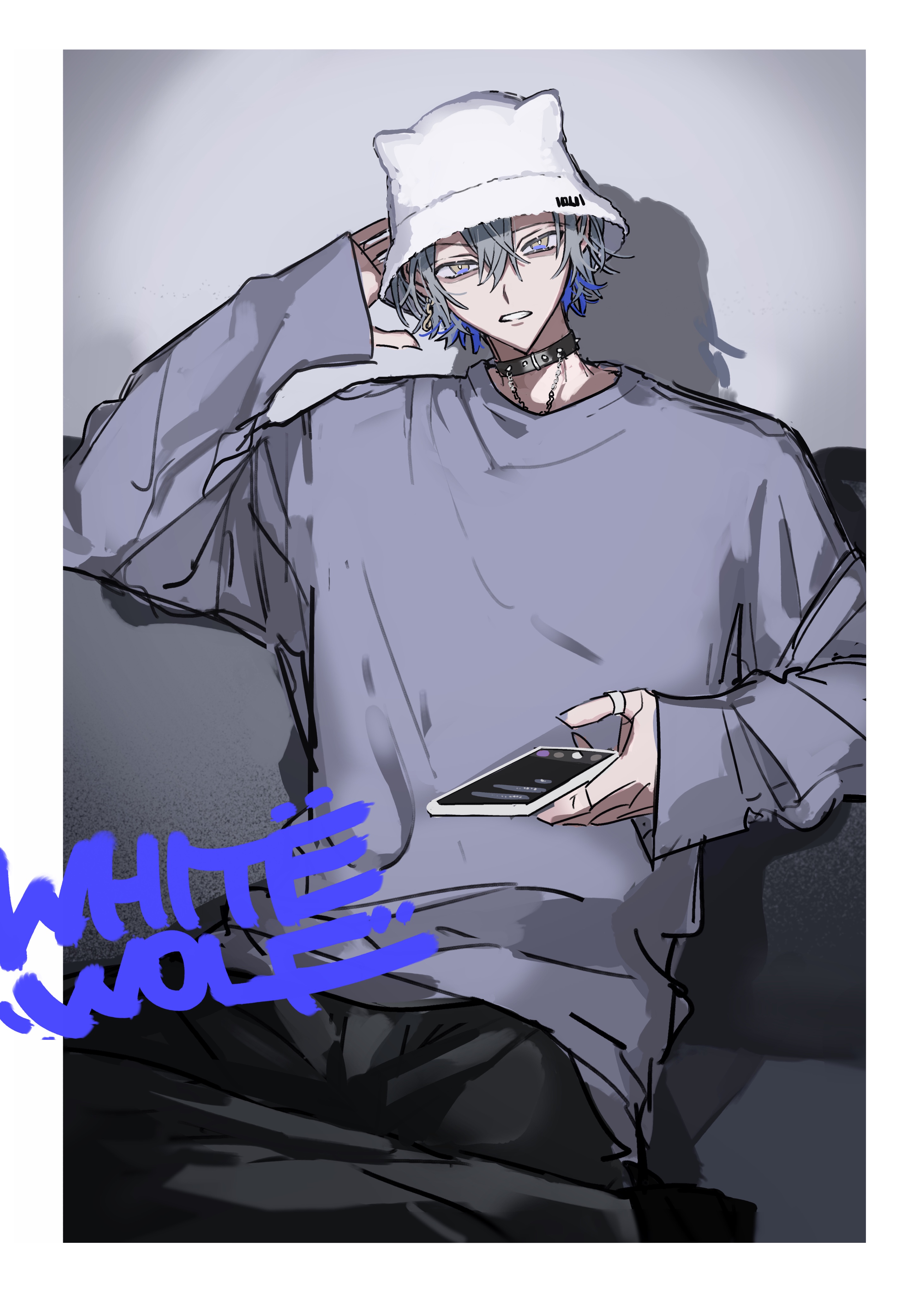 kesiks0616, koyanagi rou, nijisanji, absurdres, highres, animal hat, black choker, cellphone, choker, collar, couch, earrings, grey hair, grey shirt, hair between eyes, hat, holding, holding phone, jewelry, long sleeves, looking at viewer, male focus, multicolored hair, pants, parted lips, phone, purple hair, shirt, short hair, simple background, sitting, sleeves past wrists, smartphone, solo, virtual youtuber, white hat