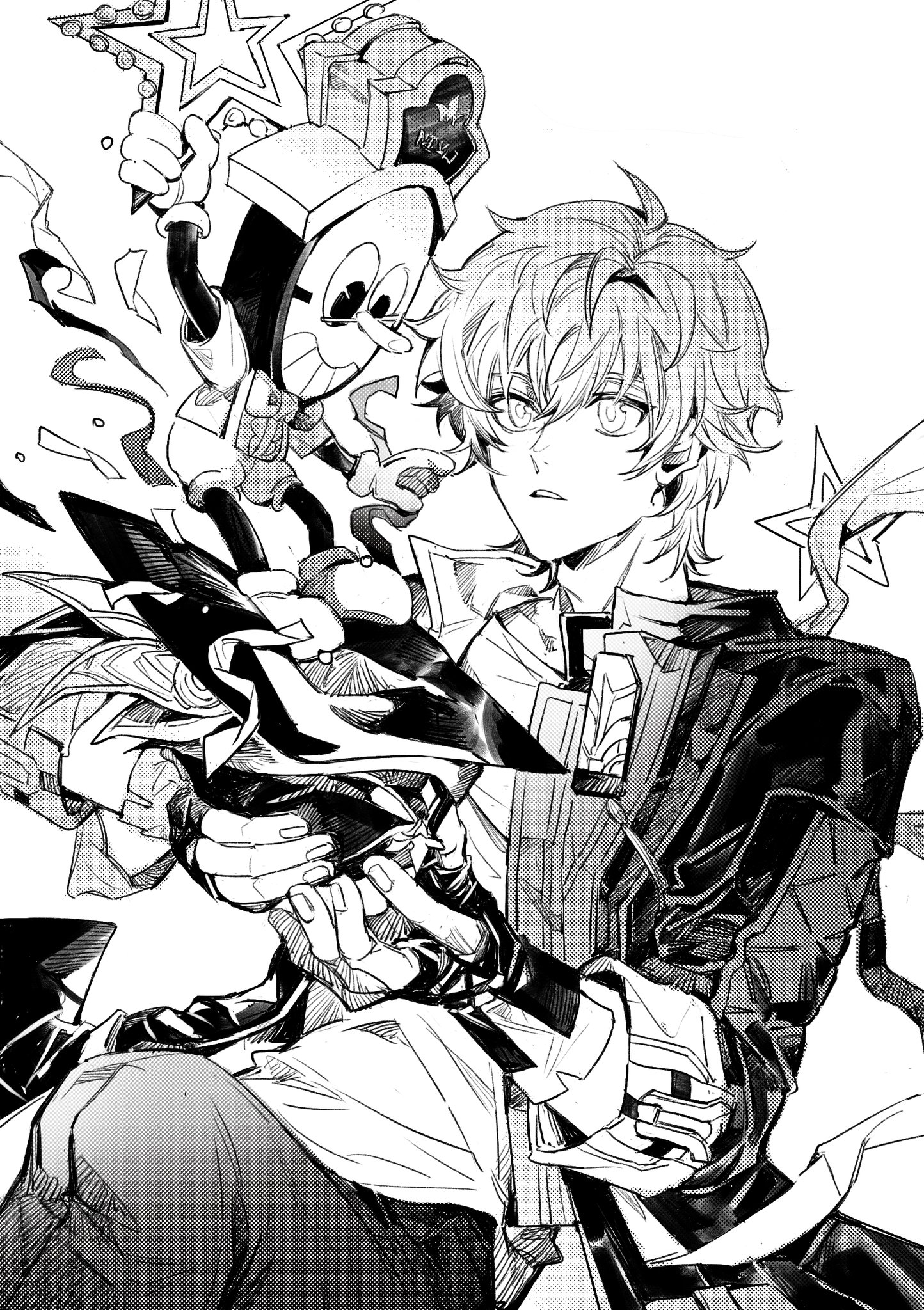 caelus (honkai: star rail), clockie (honkai: star rail), trailblazer (honkai: star rail), honkai: star rail, honkai (series), highres, 1boy, arm up, bow, bowtie, coat, fingerless gloves, fingernails, floating clothes, gloves, greyscale, hair between eyes, hands up, hat, holding, holding unworn clothes, holding unworn hat, hood, hooded coat, lapels, long sleeves, looking at another, monochrome, open clothes, open coat, pants, shirt, shoes, short hair, short sleeves, shorts, simple background, smile, star (symbol), stare07862938, suspender shorts, suspenders, t-shirt, teeth, trailblazer's hat (honkai: star rail), unworn hat, unworn headwear