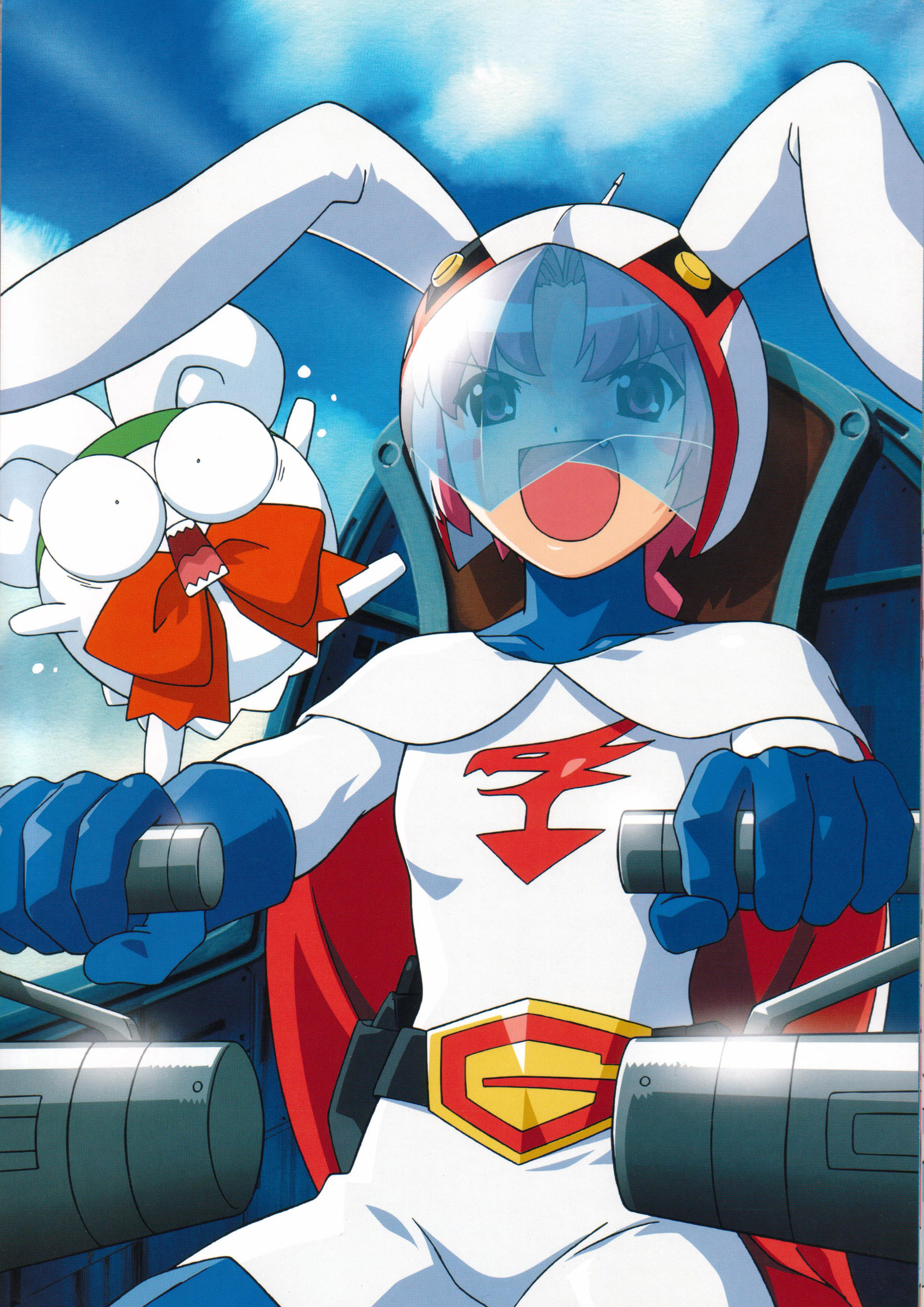 itou katsunobu, ken the eagle, mugimaru, nakahara komugi, gatchaman, nurse witch komugi-chan, tatsunoko pro, visor, absurdres, highres, official art, scan, :d, :o, animal ears, belt, belt buckle, blush stickers, bodysuit, bow, braid, buckle, cape, cloud, cockpit, constricted pupils, cosplay, cowboy shot, evil smile, fake animal ears, fang, flat chest, flying sweatdrops, gloves, gun, helmet, holster, ken the eagle (cosplay), long hair, mugi maru, open mouth, parody, parted bangs, pink eyes, pink hair, rabbit ears, single braid, sitting, sky, smile, surprised, teeth, thighhighs, turtleneck, weapon, wide-eyed