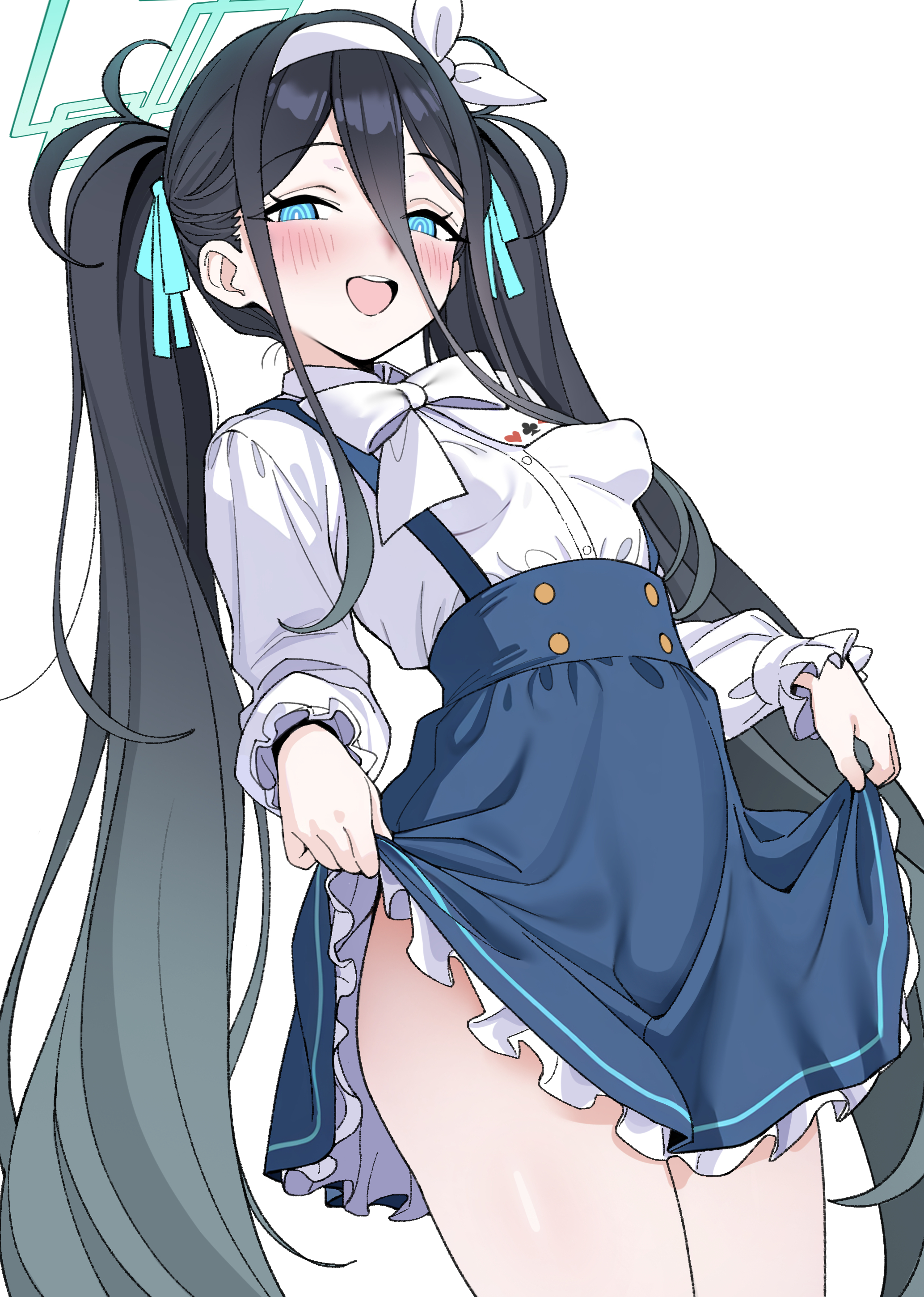 rong hui, aris (blue archive), blue archive, absurdres, highres, 1girl, alternate costume, alternate hairstyle, black hair, blue eyes, bow, bowtie, breasts, clothes lift, hair between eyes, hairband, halo, long hair, simple background, skirt, skirt lift, small breasts, solo, suspenders, twintails, white background