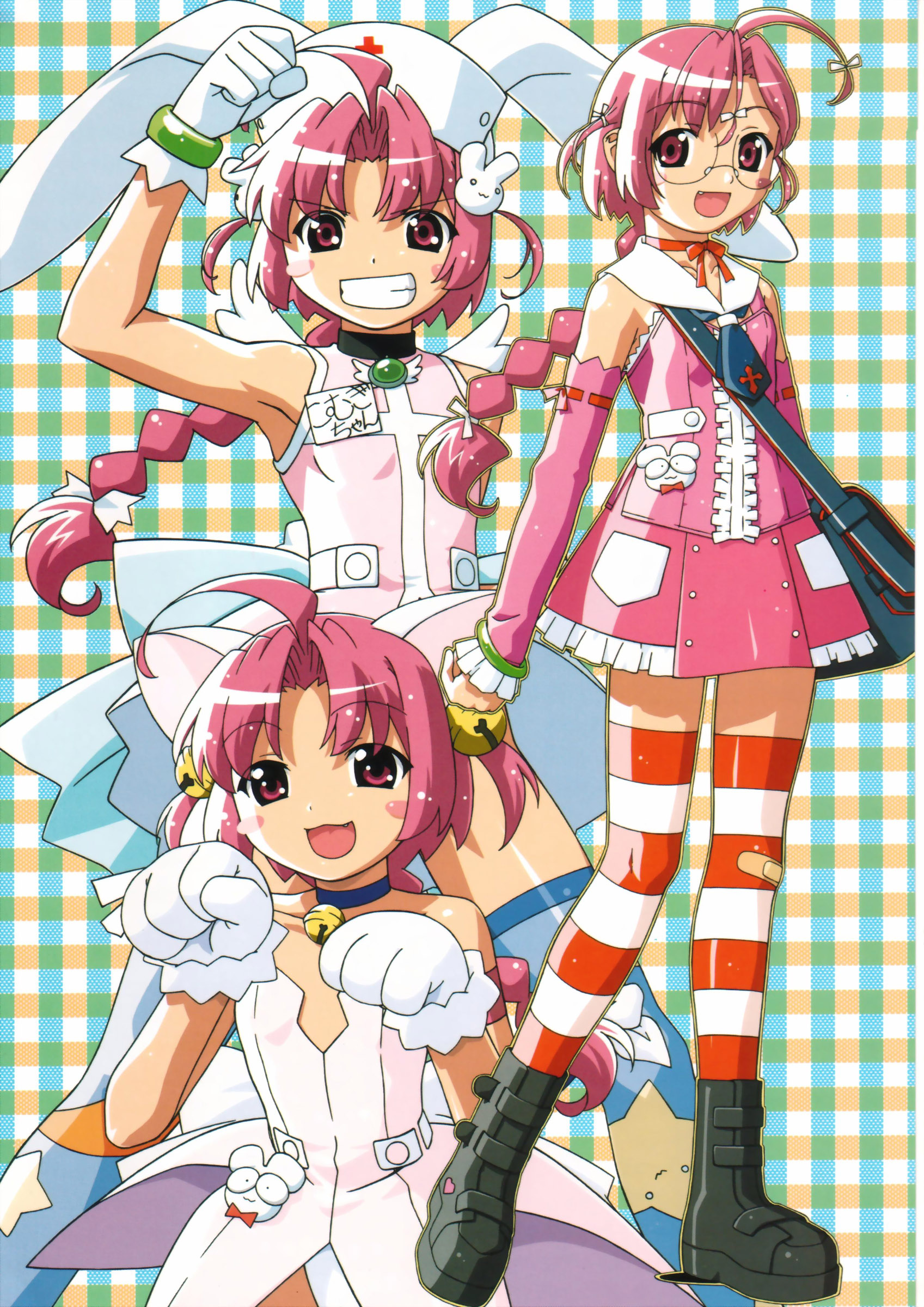 nakahara komugi, nurse witch komugi-chan, black footwear, print legwear, absurdres, highres, 1girl, :d, ahoge, animal ears, ankle boots, arm up, bag, bandaid, bandaid on clothes, bandaid on knee, bandaid on leg, bell, boots, braid, cat ears, choker, collar, cosplay, detached sleeves, dress, flat chest, frills, glasses, gloves, grin, hair bell, hair ornament, hair ribbon, hat, jingle bell, long hair, multiple views, name tag, neck bell, necktie, nurse, nurse cap, open mouth, patterned legwear, paw pose, pink hair, plaid background, rabbit ears, rabbit hair ornament, red & white, red eyes, ribbon, ribbon-trimmed sleeves, ribbon choker, ribbon trim, school uniform, serafuku, short hair, sleeveless, smile, star (symbol), star print, strapless, strapless dress, striped clothes, striped thighhighs, thighhighs, two-tone stripes, white gloves, white ribbon, wings, zettai ryouiki