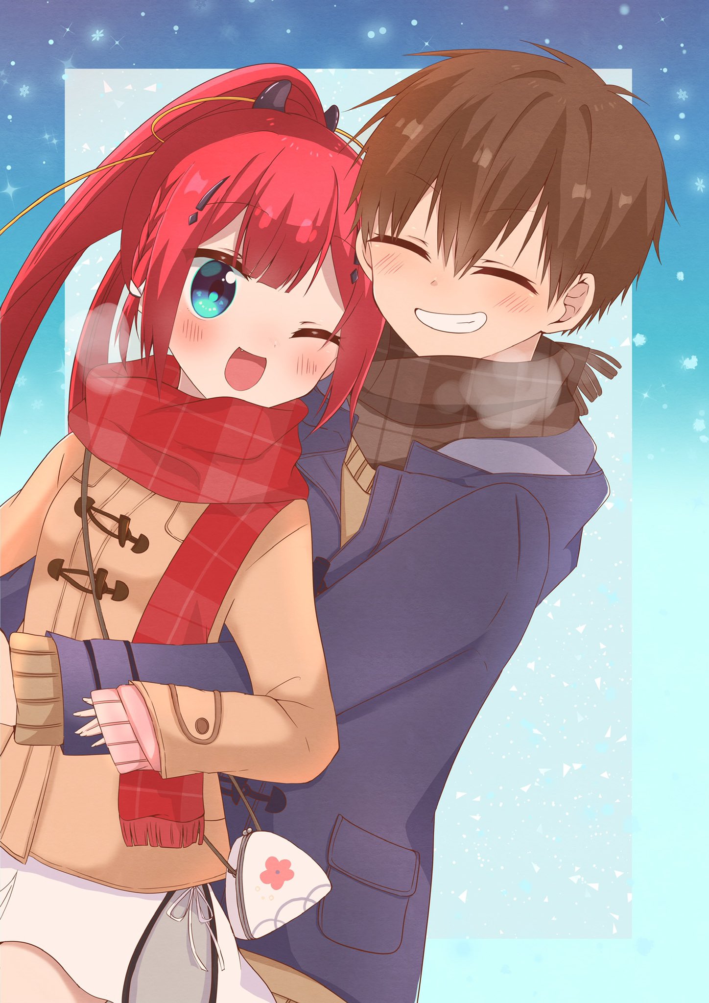kamiyama shiki, takahara hairi, summer pockets, commentary request, highres, 1boy, 1girl, :d, ;d, ^ ^, alternate costume, bag, blue background, blue coat, blue eyes, blunt bangs, blush, braid, breath, brown hair, brown jacket, brown scarf, center-flap bangs, closed eyes, coat, couple, cowboy shot, dutch angle, facing another, fang, fringe trim, grin, hair between eyes, hair ornament, hairclip, handbag, happy, hetero, hug, hug from behind, jacket, long hair, looking at another, miniskirt, mumusubisan0704, one eye closed, open mouth, plaid clothes, plaid scarf, ponytail, red scarf, scarf, school uniform, short hair, side braid, sidelocks, simple background, skirt, sleeves past wrists, smile, snowflakes, snowing, spiked hair, summer pockets school uniform, very long hair, white skirt, winter, winter clothes