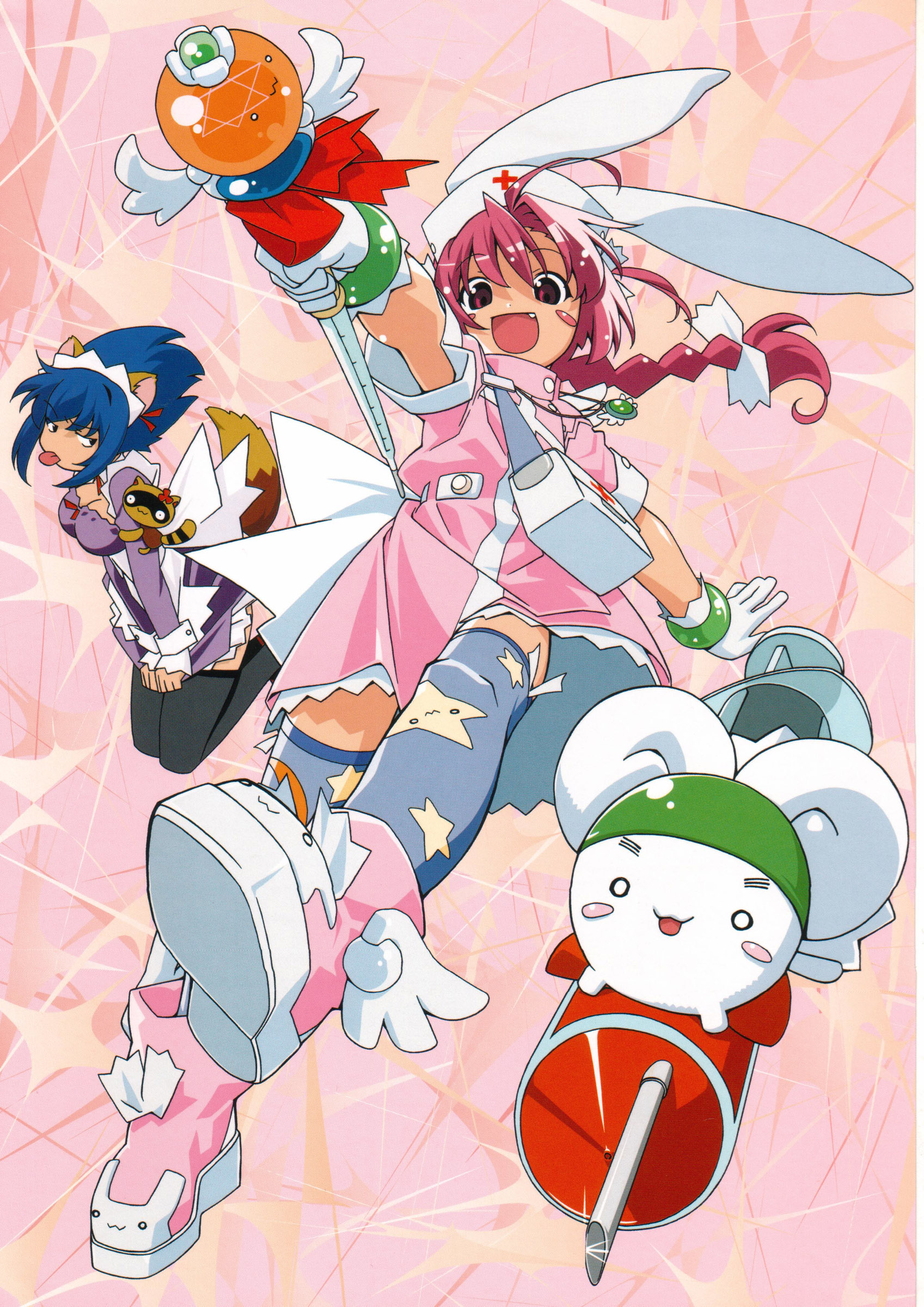 kokubunji koyori, nakahara komugi, nurse witch komugi-chan, absurdres, highres, 00s, animal ears, magical maid koyori, maid, mugi maru, nurse, rabbit ears, raccoon ears, thighhighs