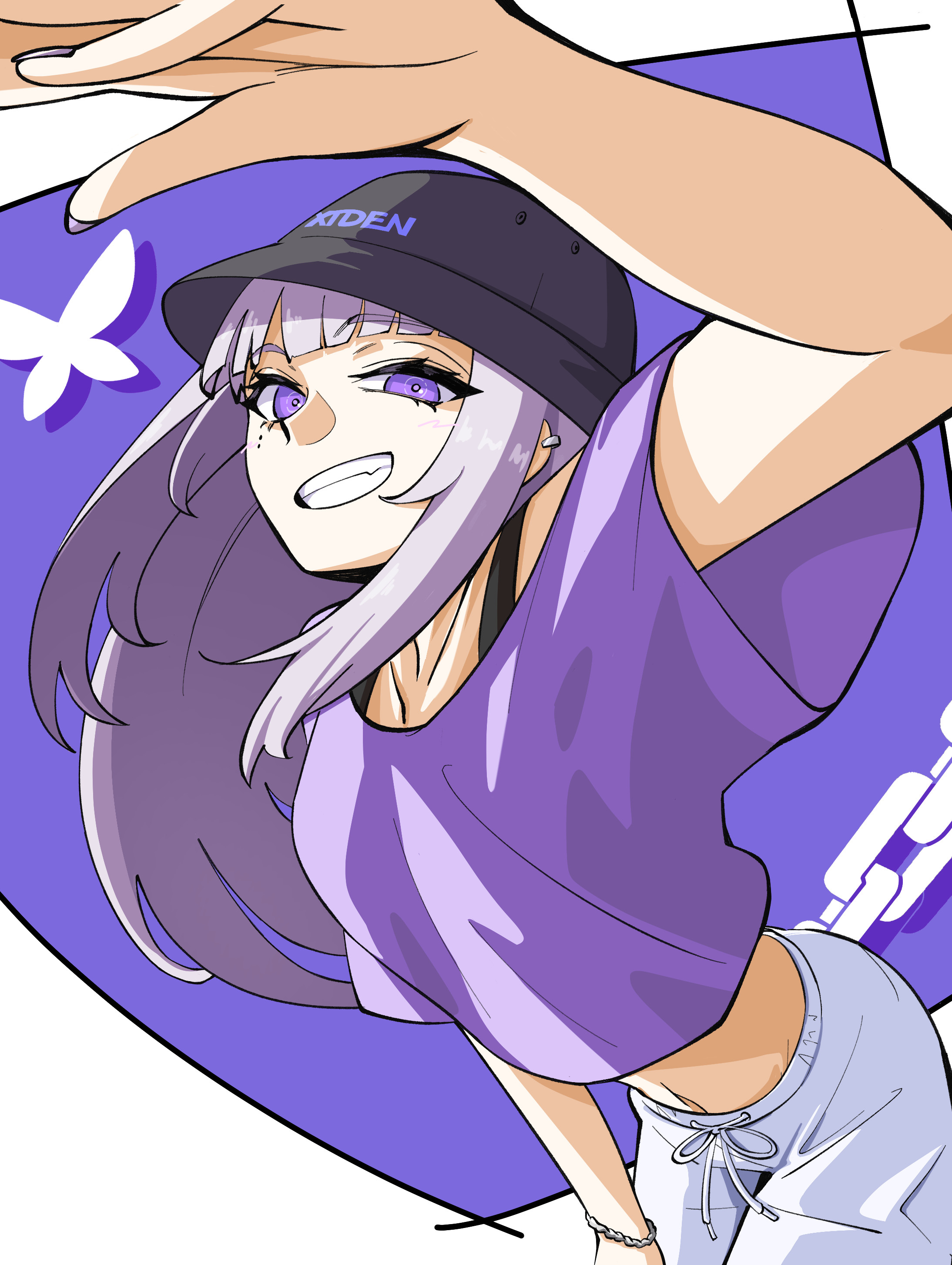 itsumeee3, absurdres, commentary request, highres, 1girl, arm up, black hat, blunt bangs, bracelet, bucket hat, character name, cowboy shot, cropped shirt, ear piercing, grin, hat, jewelry, looking at viewer, midriff, mole, mole under eye, multiple moles, pants, piercing, purple background, purple eyes, purple hair, purple pupils, purple shirt, rk music, shirt, short sleeves, smile, solo, t-shirt, two-tone background, virtual youtuber, white background, white pants, xiden