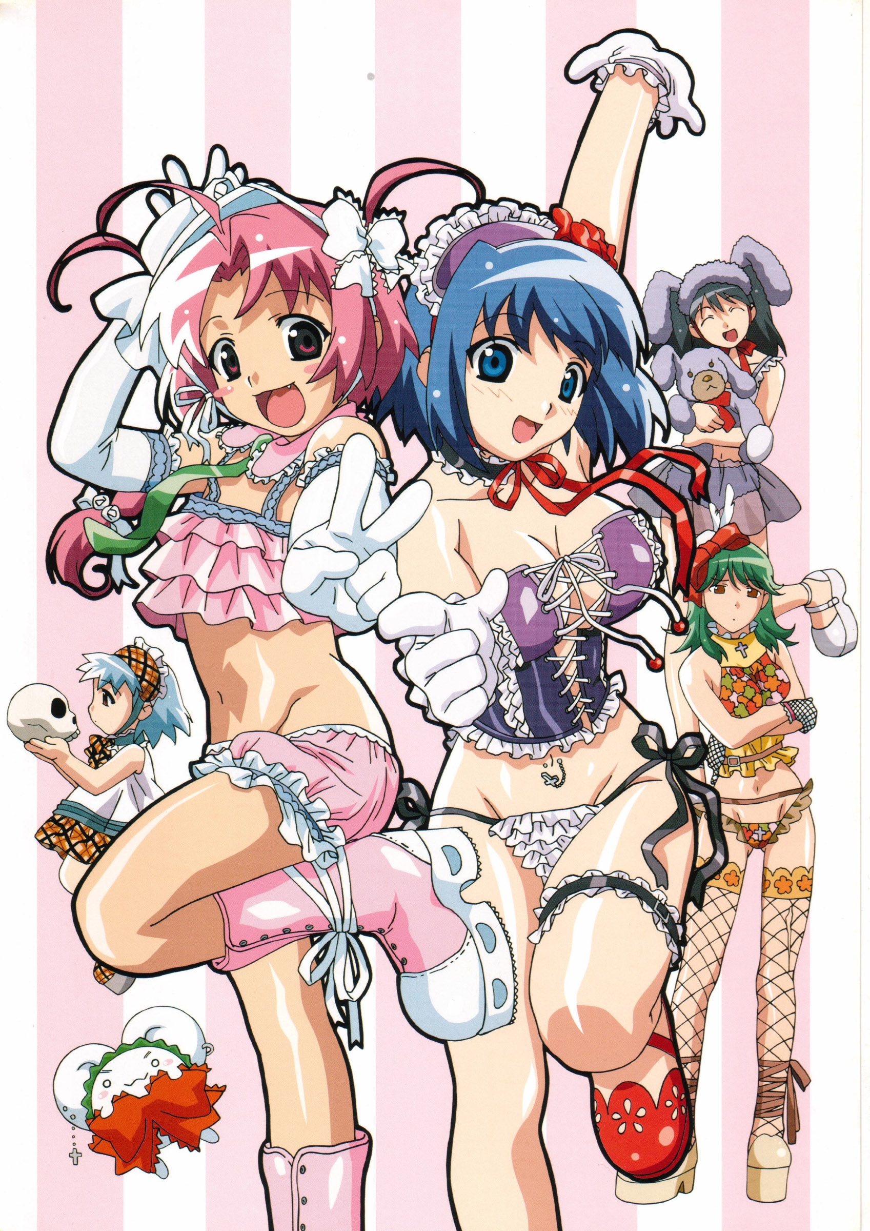 satou riku, akiba megumi, kokubunji koyori, mugimaru, nakahara komugi, sakurai asuka, tokisaka runa, nurse witch komugi-chan, fishnet legwear, silver hair, absurdres, highres, scan, 00s, 5girls, :<, :3, ^ ^, age difference, ahoge, animal ears, aqua hair, blue eyes, blue hair, blush, blush stickers, boots, bow, braid, breasts, bustier, camisole, child, choker, cleavage, closed eyes, corset, crop top, cross, crossed arms, dress, earrings, fang, fishnets, flat chest, frilled panties, frills, gloves, green hair, groin, hairband, huge breasts, jewelry, large breasts, leg lift, lingerie, long hair, looking at viewer, lowleg, lowleg panties, midriff, mugi-maru, mugi maru, multiple girls, navel, navel piercing, o o, panties, piercing, pointing, rabbit ears, red eyes, ribbon, see-through clothes, short hair, side-tie panties, skull, stuffed animal, stuffed toy, thighhighs, twintails, underwear, v