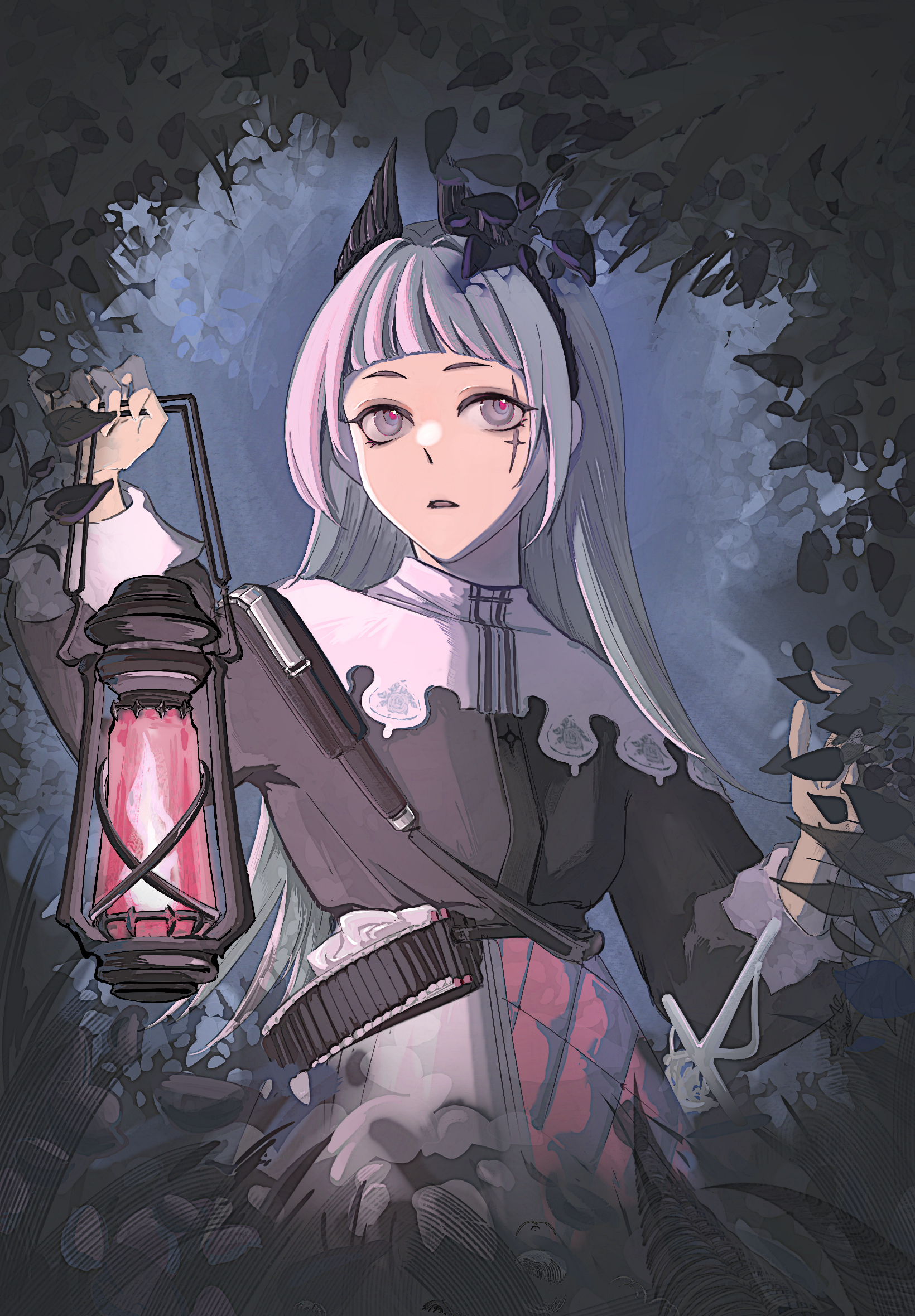 irene (arknights), arknights, chinese commentary, commentary request, highres, 1girl, arched bangs, arm up, black dress, dress, grey eyes, grey hair, holding, holding lantern, lantern, leaf, long hair, long sleeves, outdoors, parted lips, plant, qiuji te diao hua guo cha, scar, scar across eye, scar on face, solo, sword, weapon, white dress