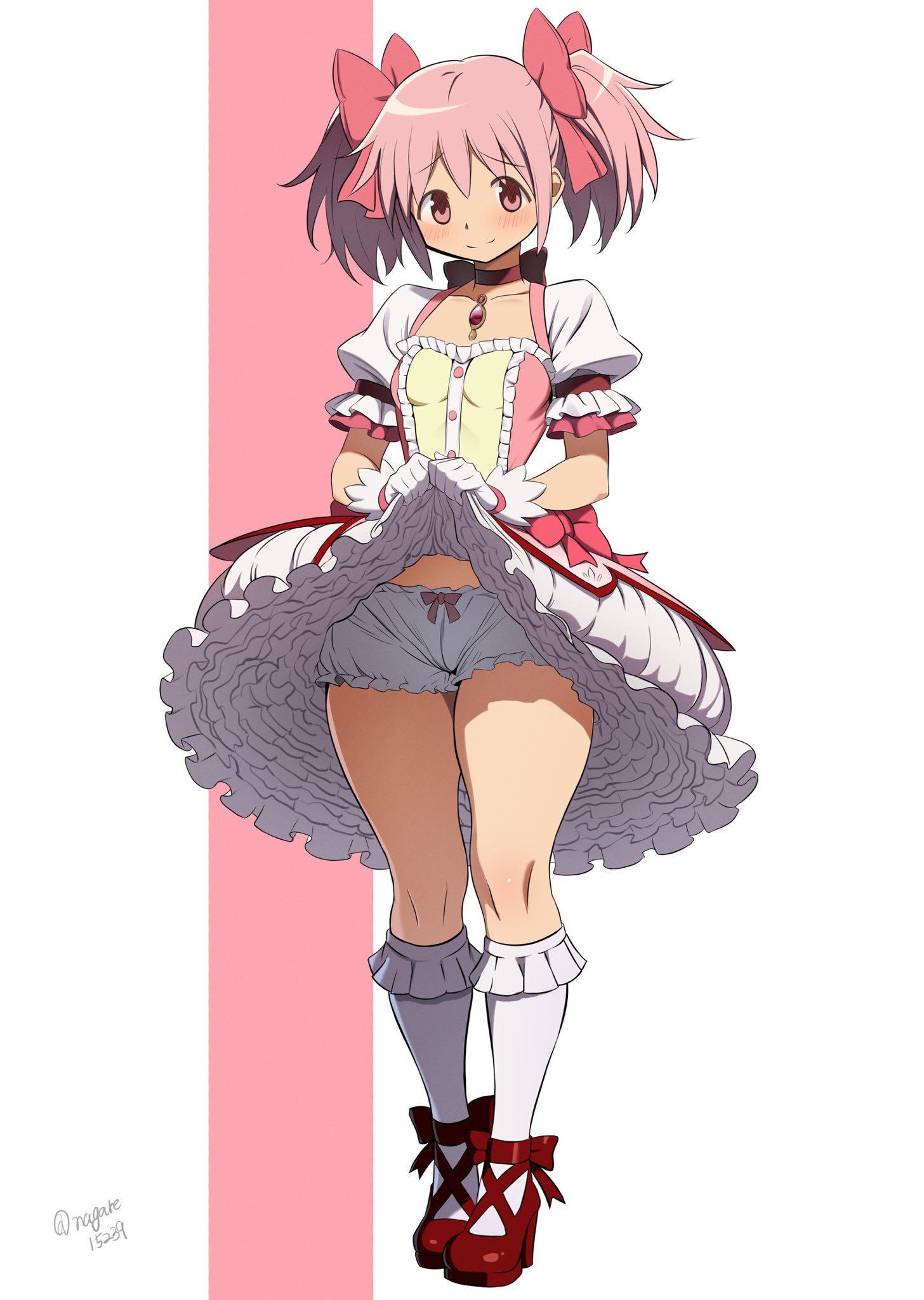 nagare (flow), kaname madoka, kaname madoka (magical girl), mahou shoujo madoka magica, mahou shoujo madoka magica (anime), commission, highres, skeb commission, 1girl, bloomers, blush, bow, bow bloomers, bow choker, breasts, bubble skirt, choker, clothes lift, dress, dress lift, frilled bloomers, frilled socks, frills, gloves, hair bow, lifting own clothes, long hair, magical girl, pink eyes, pink hair, puffy sleeves, red choker, ribbon, short hair, short twintails, skirt, small breasts, smile, socks, solo, soul gem, twintails, underwear, white bloomers, white gloves