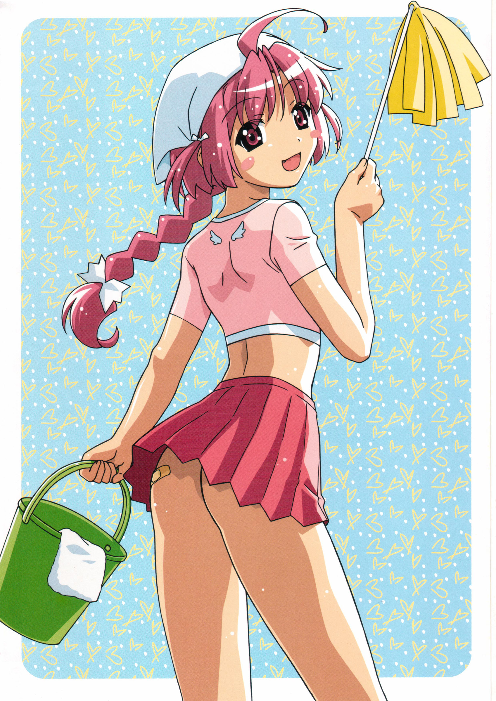 watanabe akio, nakahara komugi, nurse witch komugi-chan, absurdres, highres, 00s, 1girl, :d, ahoge, ass, back, bandaid, blush, blush stickers, braid, bucket, cleaning, cowboy shot, duster, fang, female focus, from behind, happy, headscarf, long hair, looking at viewer, looking back, midriff, miniskirt, no panties, open mouth, outside border, pink hair, pleated skirt, red skirt, short sleeves, single braid, skirt, smile, solo, upskirt