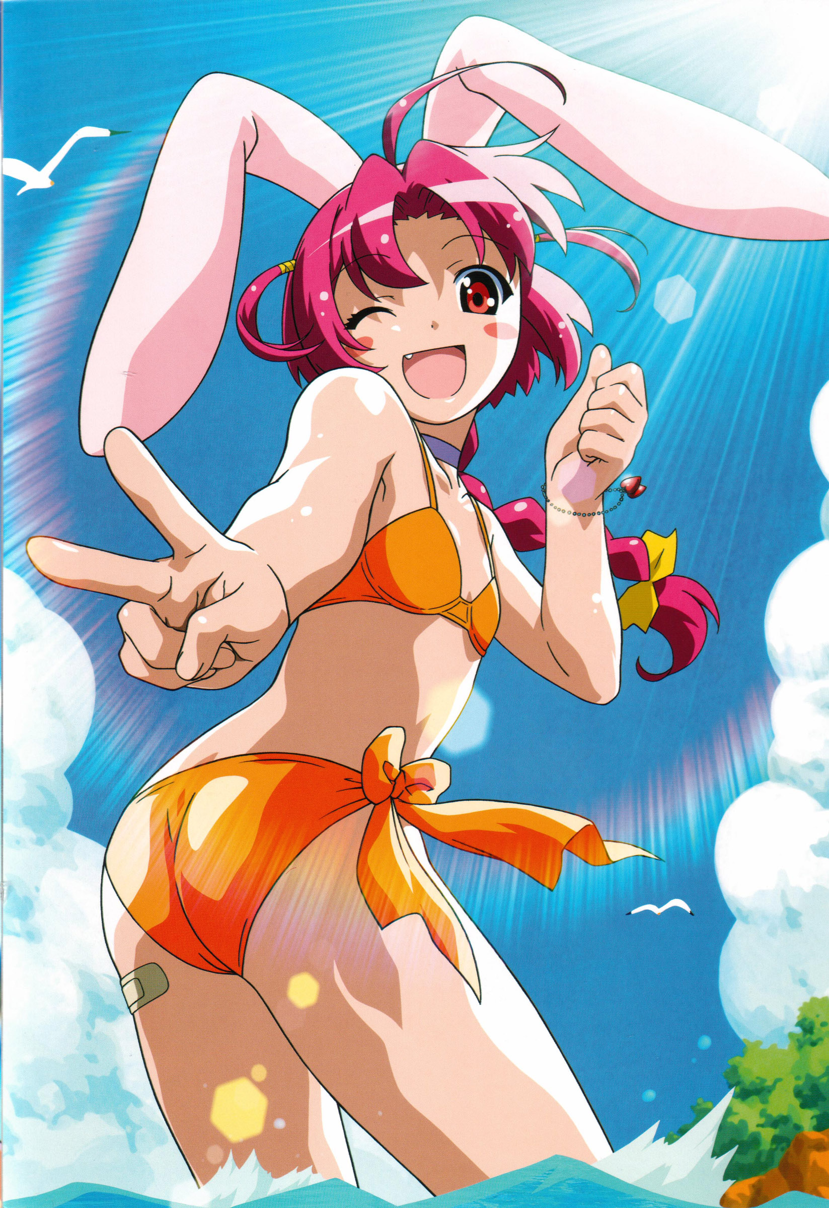 itou katsunobu, nakahara komugi, megami magazine, nurse witch komugi-chan, absurdres, highres, official art, scan, 00s, 1girl, ;d, ahoge, animal ears, ass, bandaid, bikini, bird, blush, blush stickers, bow, bracelet, braid, choker, clenched hand, cloud, fang, female focus, flat chest, foreshortening, hair ribbon, happy, heart, jewelry, lens flare, light rays, long hair, looking at viewer, looking back, low-tied long hair, ocean, one eye closed, open mouth, outdoors, outstretched arm, parted bangs, pink hair, profile, rabbit ears, red eyes, ribbon, scrunchie, seagull, short twintails, side-tie bikini bottom, single braid, sky, smile, solo, standing, sunbeam, sunlight, swimsuit, thumbs up, tree, twintails, two side up, v, wading, water, wink