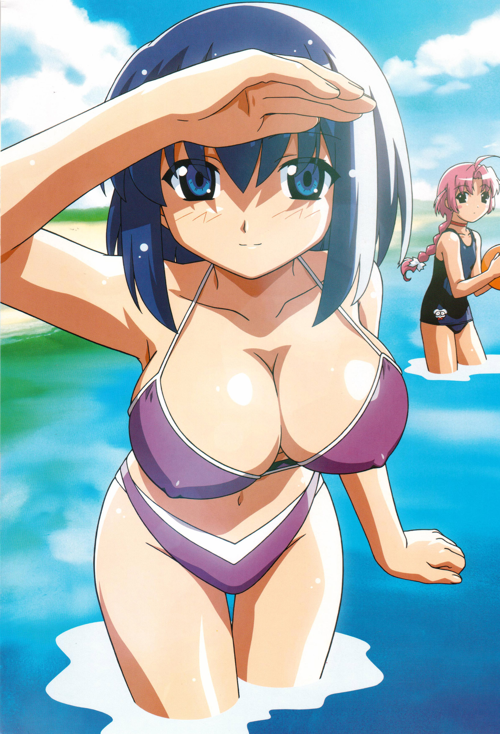 kokubunji koyori, nakahara komugi, nurse witch komugi-chan, bad tag, absurdres, highres, scan, 2girls, ball, beach, bikini, blue eyes, blue hair, braid, breasts, cleavage, cloud, covered erect nipples, curvy, flat chest, huge breasts, large breasts, long hair, multiple girls, navel, nipples, one-piece swimsuit, panties, pink hair, ribbon, shading eyes, short hair, sky, smile, swimsuit, underwear, water, wet