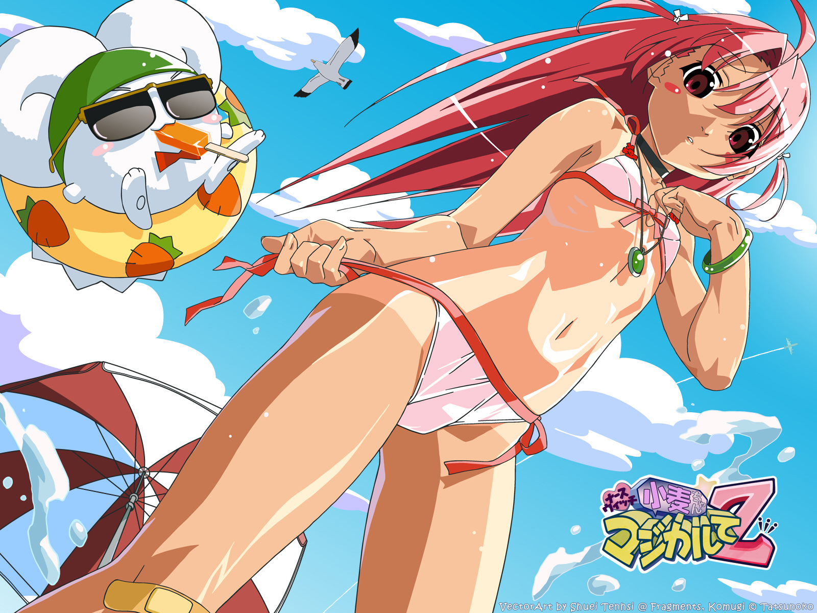 watanabe akio, mugimaru, nakahara komugi, nurse witch komugi-chan, highres, official art, official wallpaper, 00s, 1girl, ahoge, bandaid, bare shoulders, bikini, bird, blush stickers, bracelet, choker, cloud, collarbone, dutch angle, eating, fingernails, flat chest, food, front-tie bikini top, front-tie top, hair between eyes, hip focus, innertube, jewelry, legs, long hair, looking at viewer, midriff, navel, necklace, outdoors, parted lips, pendant, pink bikini, popsicle, red eyes, red hair, seagull, side-tie bikini bottom, sky, standing, sunglasses, swim ring, swimsuit, tan, tanline, thighs, umbrella, untied bikini, water