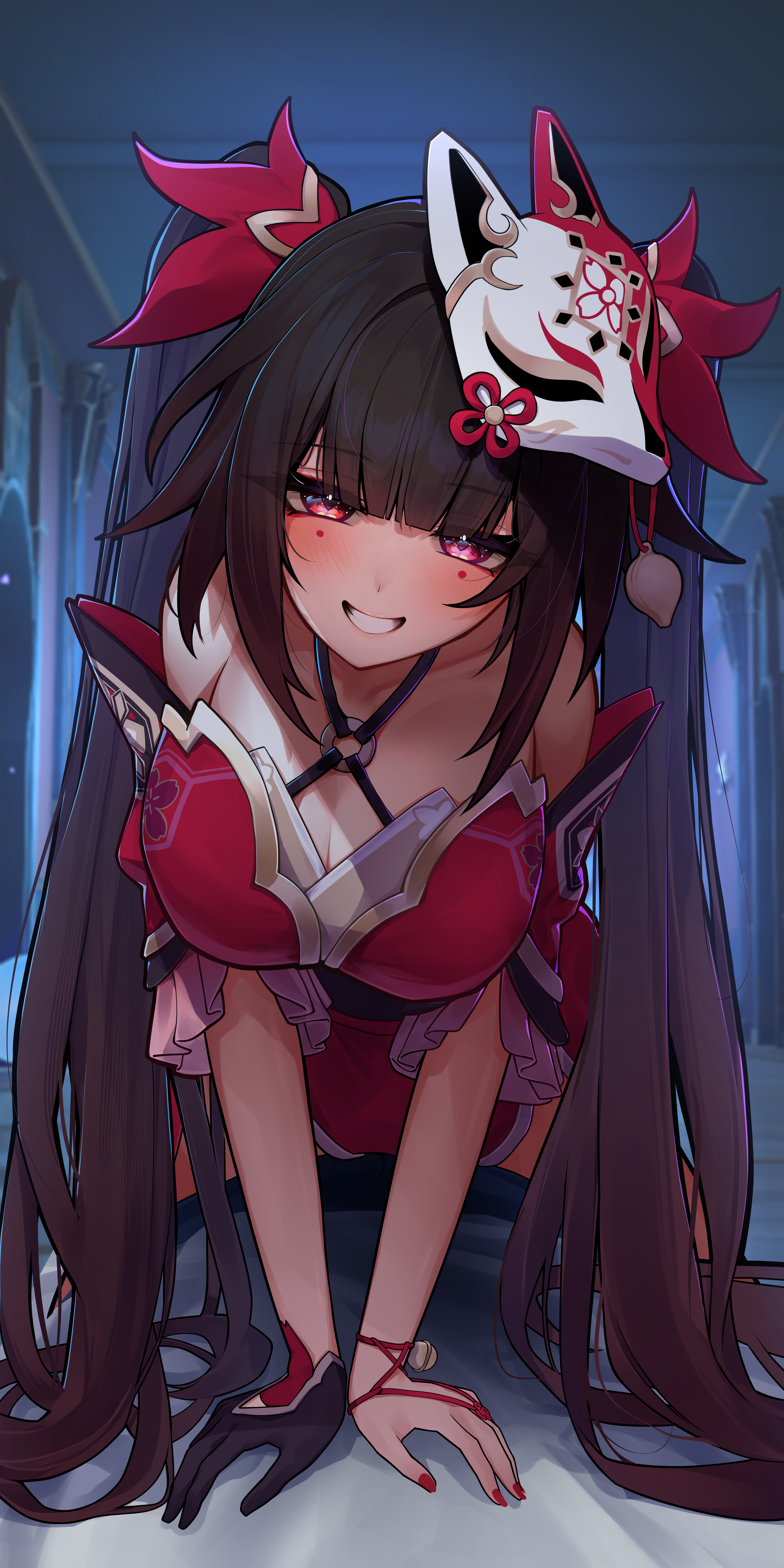 shumai il, sparkle (honkai: star rail), honkai: star rail, honkai (series), absurdres, highres, 1girl, alternate breast size (larger), bare shoulders, bed sheet, bell, black choker, black gloves, blush, breasts, brown hair, choker, cleavage, dress, fox mask, gloves, head tilt, indoors, large breasts, long hair, looking at viewer, mark under both eyes, mask, mask on head, neck bell, on bed, red dress, red sleeves, single glove, smile, solo, twintails, very long hair
