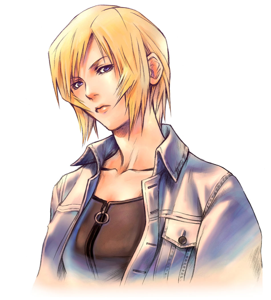 aya brea, parasite eve (series), parasite eve ii, square enix, game cg, official art, 1girl, blonde hair, blue eyes, denim, head tilt, jacket, looking at viewer, open clothes, open jacket, short hair, simple background, upper body, white background