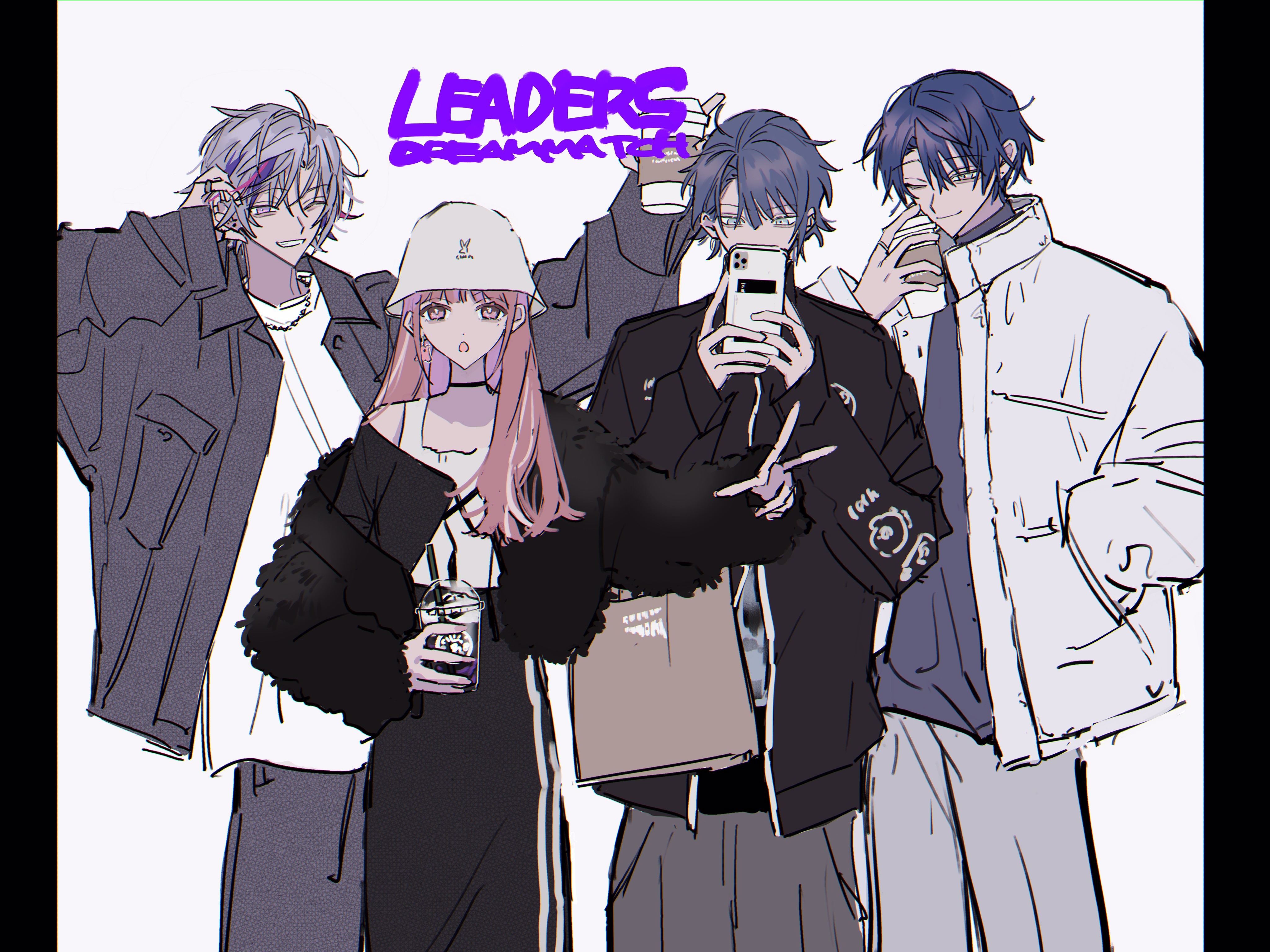 kesiks0616, fuwa minato, koyanagi rou, nijisanji, absurdres, highres, 1girl, 3boys, black choker, black coat, black jacket, cellphone, choker, coat, cup, disposable cup, dress, drinking, ear piercing, grey hair, hand in pocket, holding, holding cup, holding phone, jacket, long sleeves, male focus, multicolored hair, multiple boys, off shoulder, open clothes, open jacket, open mouth, pants, phone, piercing, pink eyes, pink hair, purple hair, shirt, short hair, simple background, sketch, streaked hair, v, virtual youtuber, watch, white jacket