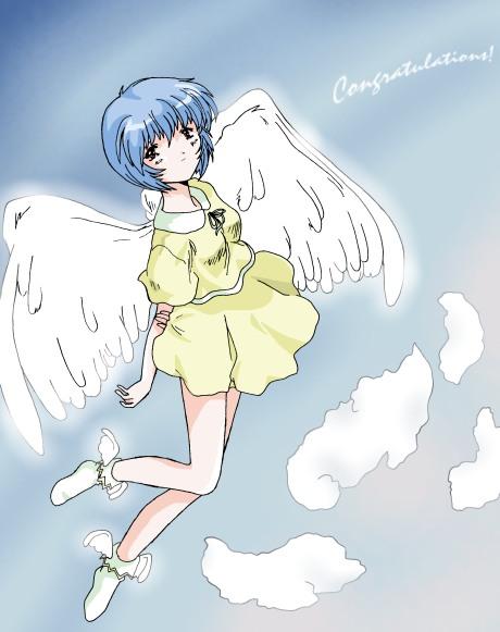 ayanami rei, gainax, neon genesis evangelion, artist request, 1girl, angel wings, blue hair, blush, cloud, female focus, flying, looking at viewer, shirt, short hair, short sleeves, skirt, sky, socks, solo, white socks, wings, yellow shirt, yellow skirt