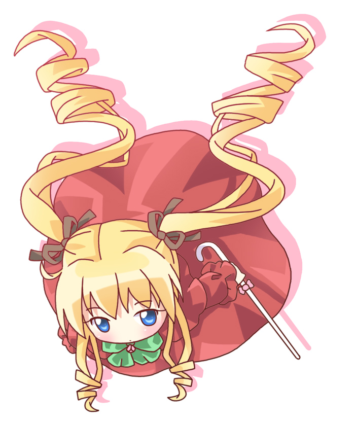 mirai (sugar), shinku, rozen maiden, 00s, 1girl, blonde hair, blue eyes, bow, bowtie, chibi, dress, drill hair, female focus, flying, from above, full body, green bow, green bowtie, long sleeves, looking at viewer, red dress, sidelocks, simple background, solo, twin drills, twintails, white background