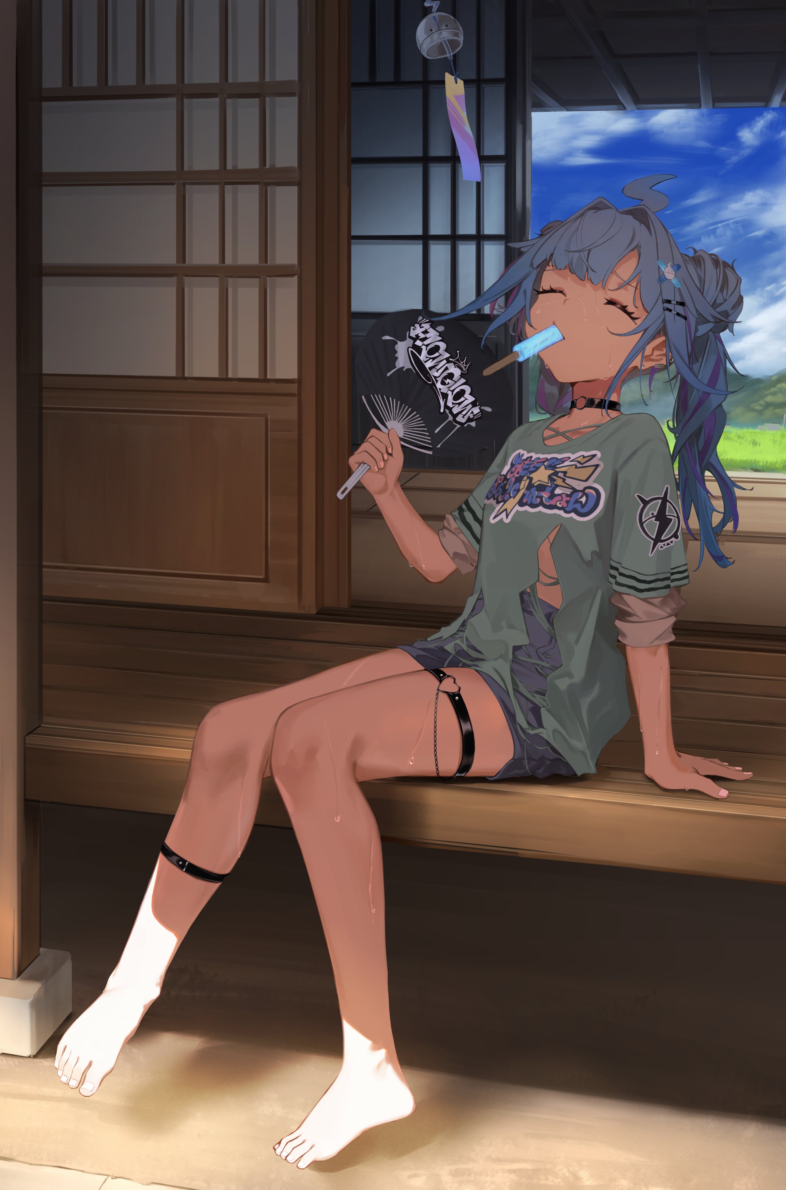 issun boushi (taku37taku), mizumiya su, hololive, hololive dev is, absurdres, highres, mixed-language commentary, 1girl, alternate hairstyle, ankle strap, barefoot, blue hair, blue shirt, blue shorts, blunt bangs, choker, closed eyes, cloud, cloudy sky, double bun, ear piercing, eating, fanning self, food, hair bun, hair flaps, hair ornament, hand fan, heart ring strap, ice cream, in shadow, japanese house, layered sleeves, lightning ahoge, long hair, long sleeves, multicolored hair, o-ring, o-ring choker, o-ring thigh strap, outdoors, paper fan, piercing, pink hair, print paper fan, reclining, shirt, short over long sleeves, short shorts, short sleeves, shorts, shouji, sitting, sky, sleeves rolled up, sliding doors, solo, streaked hair, sweatdrop, t-shirt, tatami, thigh strap, torn clothes, torn shirt, twintails, virtual youtuber, wind chime, x hair ornament