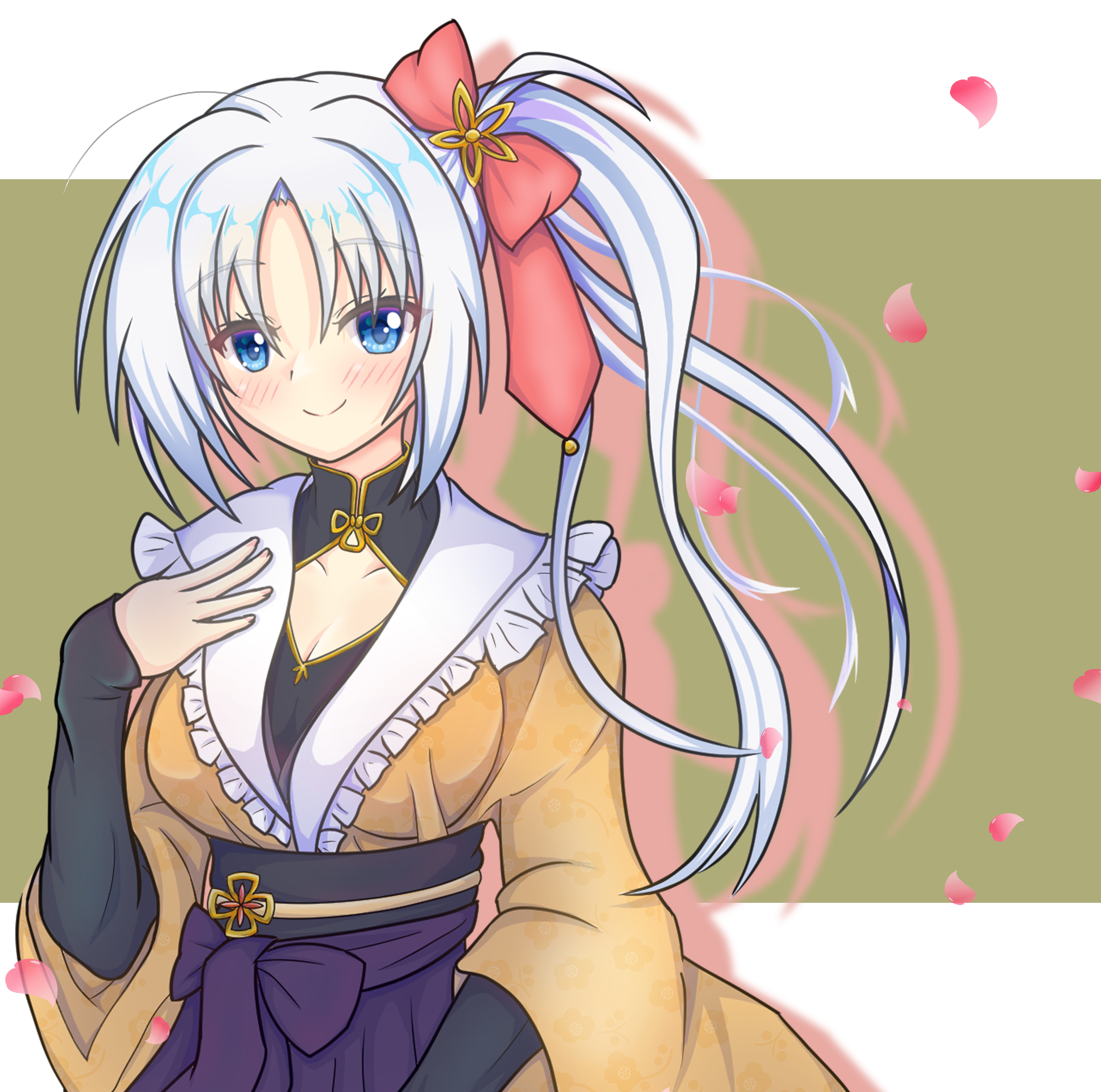 tomotake yoshino, senren banka, absurdres, commentary request, highres, 1girl, ahoge, arm at side, blue eyes, blush, bow, breasts, brown background, cleavage, cleavage cutout, closed mouth, clothing cutout, cowboy shot, diamond cutout, drop shadow, eyelashes, falling petals, floating hair, frilled kimono, frills, hair between eyes, hair bow, hakama, hakama skirt, hand up, happy, japanese clothes, kimono, large breasts, long hair, long sleeves, petals, purple bow, purple hakama, red bow, sabarusu0130, side ponytail, sidelocks, simple background, skirt, sleeves past wrists, smile, solo, split mouth, white hair, wide sleeves, yellow kimono
