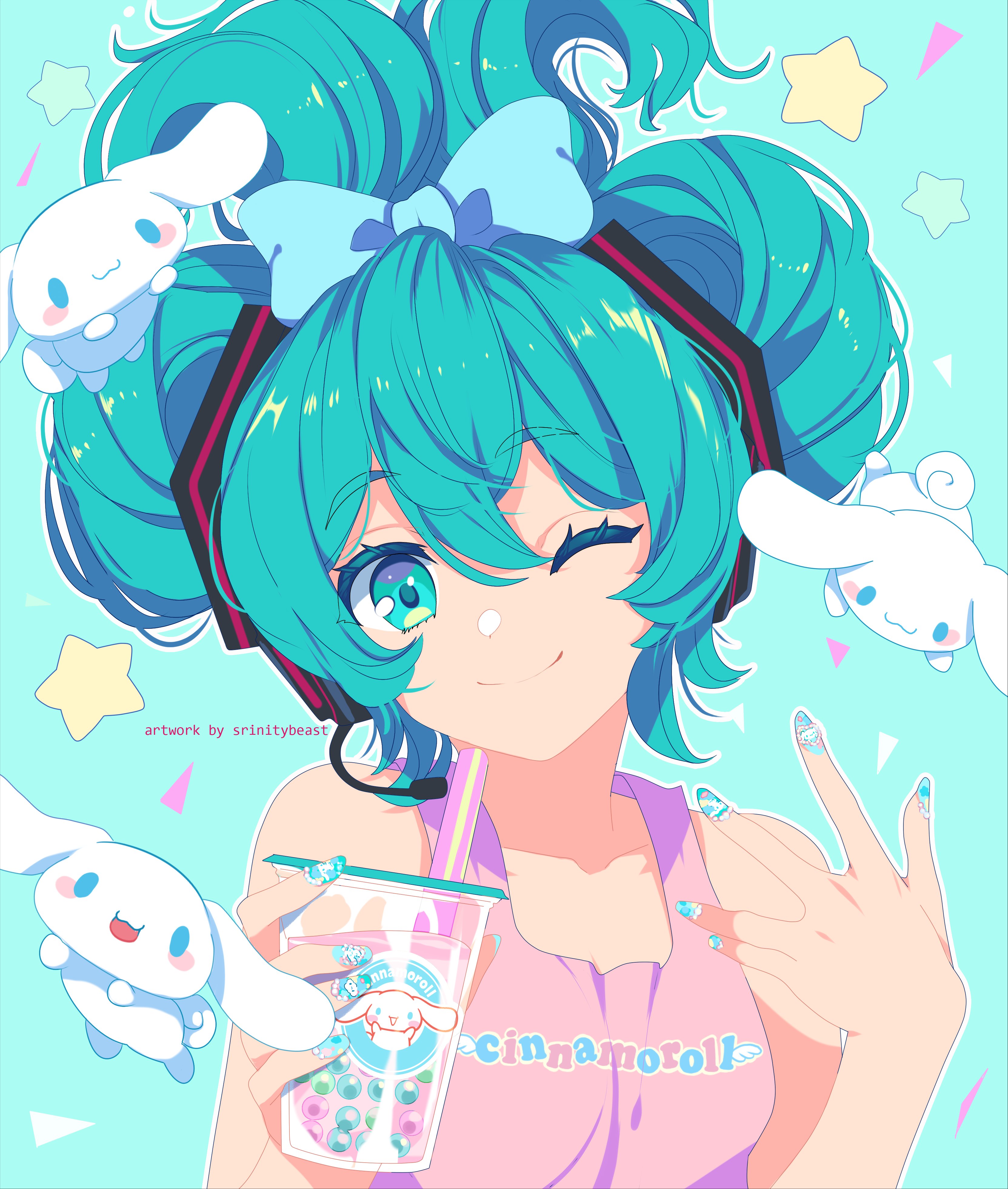 srinitybeast, cinnamiku, cinnamoroll, hatsune miku, fuwa fuwa cinnamoroll, sanrio, vocaloid, curled tail, absurdres, highres, 1girl, aqua eyes, aqua hair, blue bow, blue eyes, blush stickers, bow, closed mouth, colored eyelashes, eyelashes, hair bow, large ears, medium hair, multiple persona, nail art, smile, star (symbol), two side up, upper body, white fur