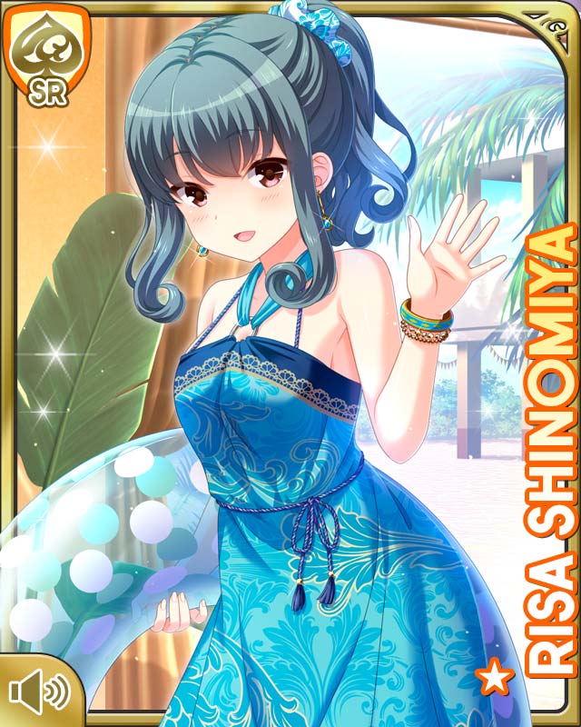 qp:flapper, shinomiya risa, girlfriend (kari), official art, 1girl, beach, bikini, black bikini, blue dress, brown eyes, card (medium), character name, collarbone, day, dress, female focus, green hair, indoors, innertube, open mouth, smile, swim ring, swimsuit, swimsuit under clothes, tropical