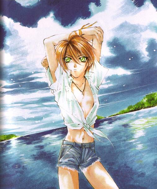 kurosaki hisoka, yami no matsuei, 1boy, blue sky, bracelet, brown hair, cloud, denim, denim shorts, green eyes, jewelry, male focus, nature, necklace, open clothes, open shirt, orange hair, outdoors, shirt, short shorts, shorts, sky, solo, trap, water