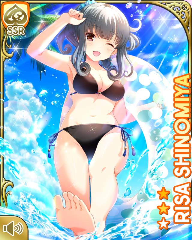 qp:flapper, shinomiya risa, girlfriend (kari), official art, 1girl, ;d, beach, bikini, black bikini, brown eyes, card (medium), character name, collarbone, day, female focus, green hair, innertube, navel, one eye closed, open mouth, outdoors, smile, swim ring, swimsuit, tropical