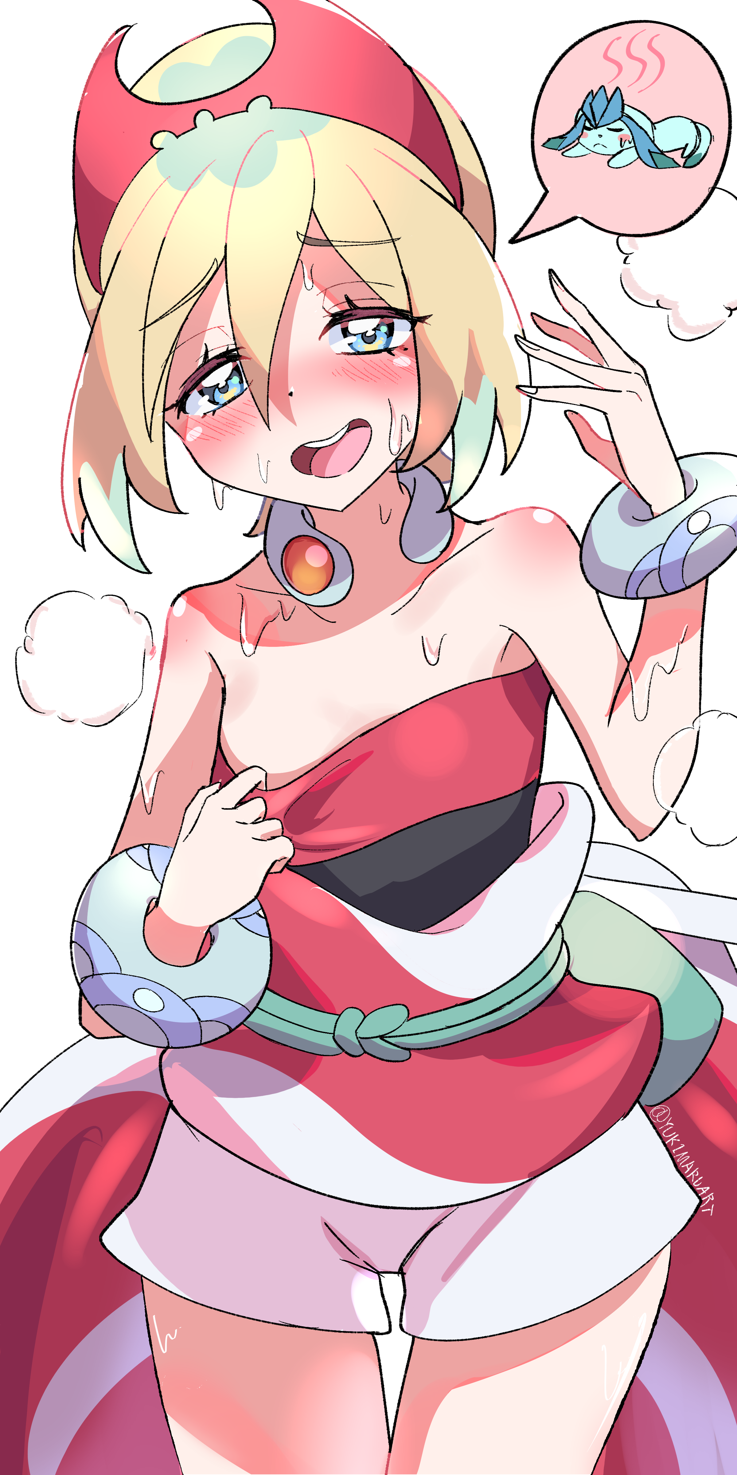 yukimaru (jvje4777), glaceon, irida (pokemon), nintendo, pokemon, pokemon legends: arceus, arm wrap, fanning self, gen 4 pokemon, hairband, jewelry, neck ring, red hairband, red shirt, shirt, shorts, strapless, strapless shirt, waist cape, white shorts