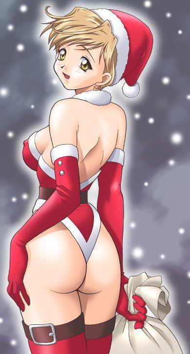 ten'ou haruka, bishoujo senshi sailor moon, artist request, source request, 1990s (style), 1girl, blonde hair, brown eyes, brown hair, christmas, female focus, hat, retro artstyle, sack, santa costume, santa hat, short hair, snow, solo, thighhighs
