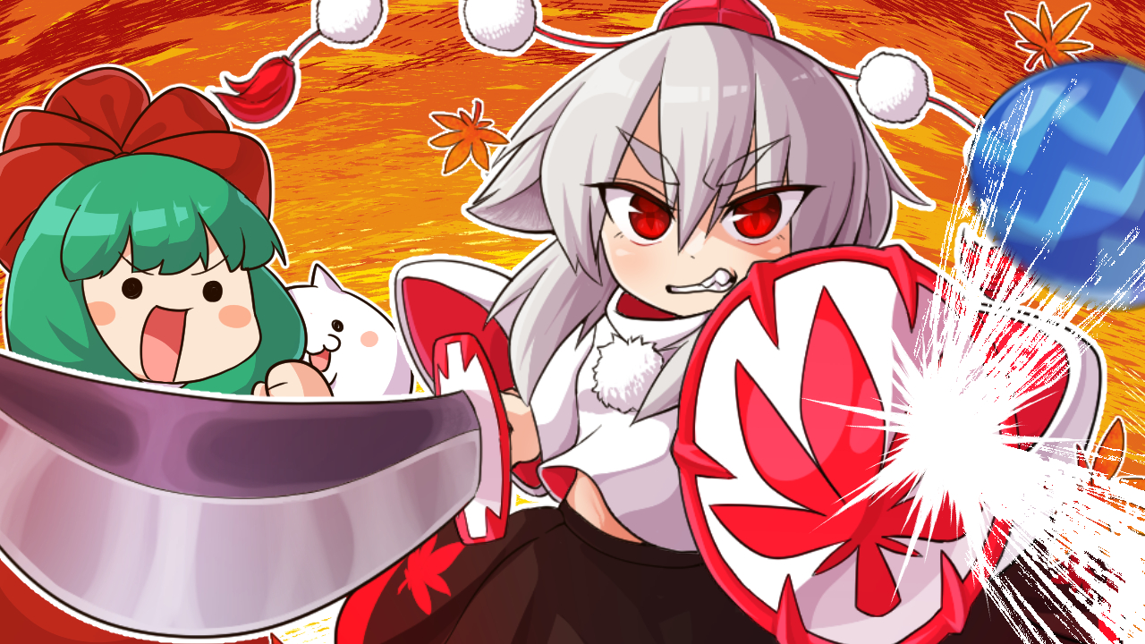 comwoooo, inubashiri momiji, kagiyama hina, touhou, commentary request, 2girls, black skirt, blush, clenched teeth, dot nose, fang, green hair, grey hair, hair ribbon, hat, holding, holding shield, holding sword, holding weapon, huge weapon, leaf, leaf print, looking at viewer, maple leaf, maple leaf print, medium hair, midriff peek, multiple girls, open mouth, pom pom (clothes), red eyes, red hat, red ribbon, ribbon, ricocheting, shield, shirt, skirt, sword, teeth, thick eyebrows, tokin hat, turtleneck, turtleneck shirt, v-shaped eyebrows, weapon, white shirt, wide sleeves