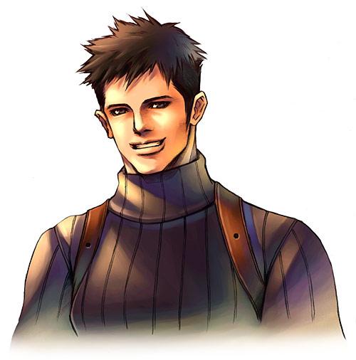 kyle madigan, parasite eve (series), parasite eve ii, game cg, official art, 1boy, brown eyes, brown hair, leather, leather strap, looking at viewer, short hair, smile, turtleneck, upper body