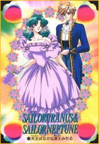 kaiou michiru, ten'ou haruka, bishoujo senshi sailor moon, lowres, 1990s (style), 2girls, androgynous, blonde hair, green hair, multiple girls, reverse trap