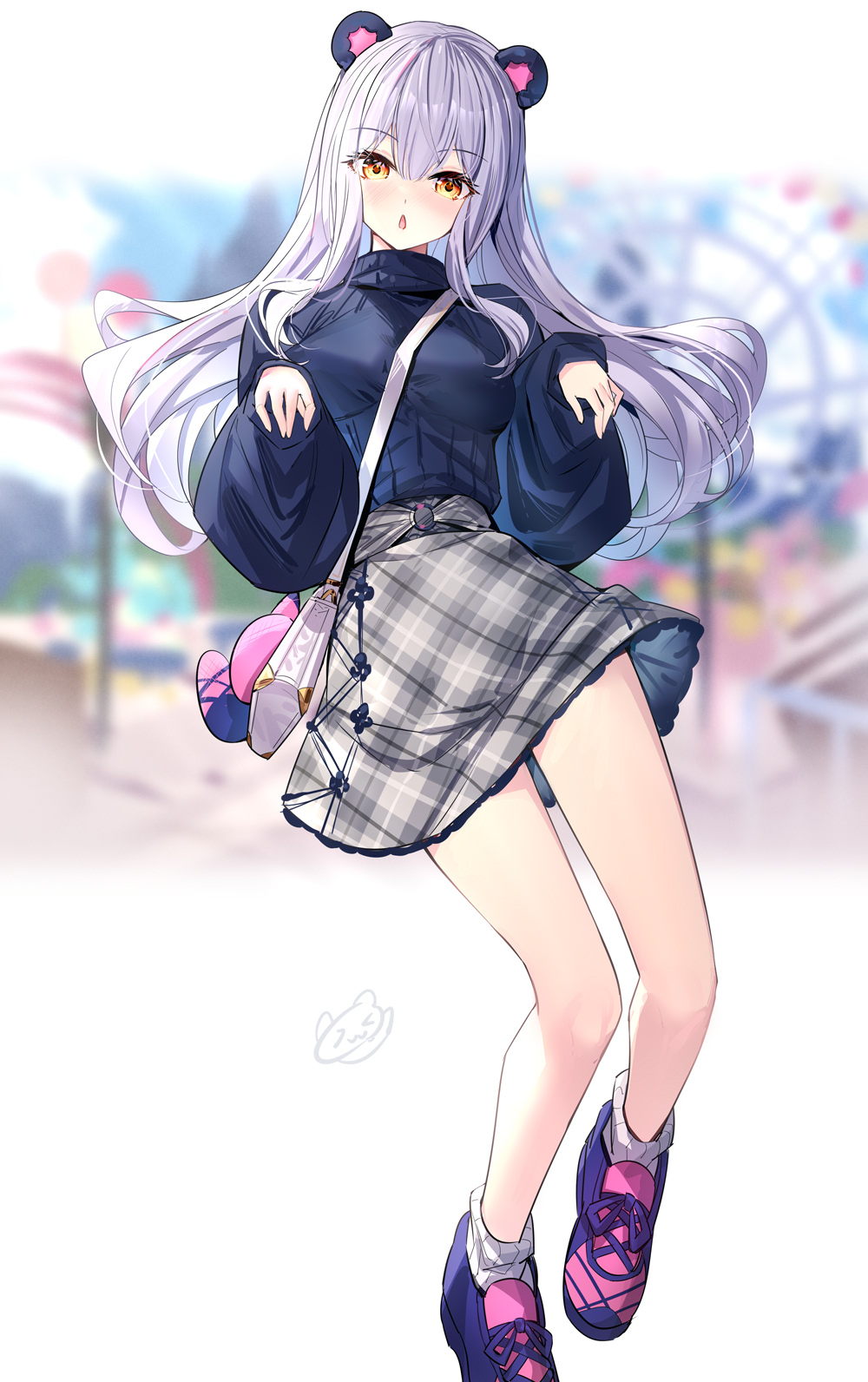 ririko (zhuoyandesailaer), saegusa riko, original, commentary request, highres, 1girl, amusement park, animal ears, bag, blue sweater, blurry, blurry background, breasts, depth of field, fake animal ears, ferris wheel, grey skirt, hair between eyes, long hair, long sleeves, looking at viewer, medium breasts, parted lips, plaid clothes, plaid skirt, puffy long sleeves, puffy sleeves, purple shoes, red eyes, ribbed socks, shoes, shoulder bag, skirt, sleeves past wrists, socks, solo, sweater, turtleneck, turtleneck sweater, white socks