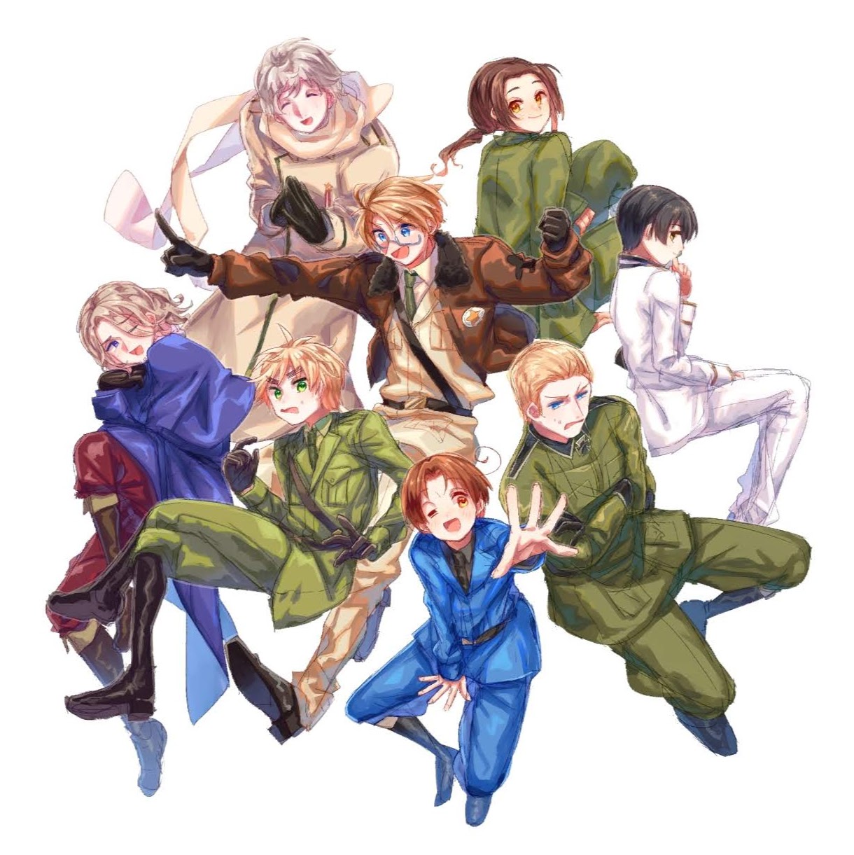 america (hetalia), china (hetalia), france (hetalia), germany (hetalia), japan (hetalia), northern italy (hetalia), russia (hetalia), united kingdom (hetalia), axis powers hetalia, commentary request, highres, 6+boys, ahoge, arm up, back, baggy pants, bandaged leg, bandages, belt, black belt, black boots, black hair, black necktie, black shirt, black shoes, blonde hair, blue eyes, blue jacket, blue pants, blush, boots, breast pocket, brown boots, brown hair, brown jacket, capelet, clenched hand, closed eyes, closed mouth, coat, collared coat, collared jacket, collared shirt, cross, crossed arms, crossed legs, everyone, facial hair, floating clothes, from behind, from side, full body, fur-trimmed jacket, fur trim, glasses, green eyes, green jacket, green necktie, green pants, green shirt, grey-framed eyewear, grey hair, hair between eyes, index finger raised, iron cross, jacket, lapels, long hair, long sleeves, looking at another, looking at viewer, looking back, looking down, low ponytail, male focus, medal, military, military jacket, military uniform, multiple boys, natsunohanabi, necktie, open clothes, open jacket, open mouth, own hands together, pants, parted bangs, pocket, ponytail, puffy long sleeves, puffy sleeves, purple capelet, purple eyes, purple jacket, red pants, scarf, semi-rimless eyewear, shirt, shoes, short hair, sidelocks, simple background, sitting, smile, spread legs, star (symbol), star ornament, star print, sweatdrop, v-shaped eyebrows, white background, white jacket, white pants, white scarf, white shirt, wide sleeves, yellow coat, yellow eyes, yellow jacket, yellow pants