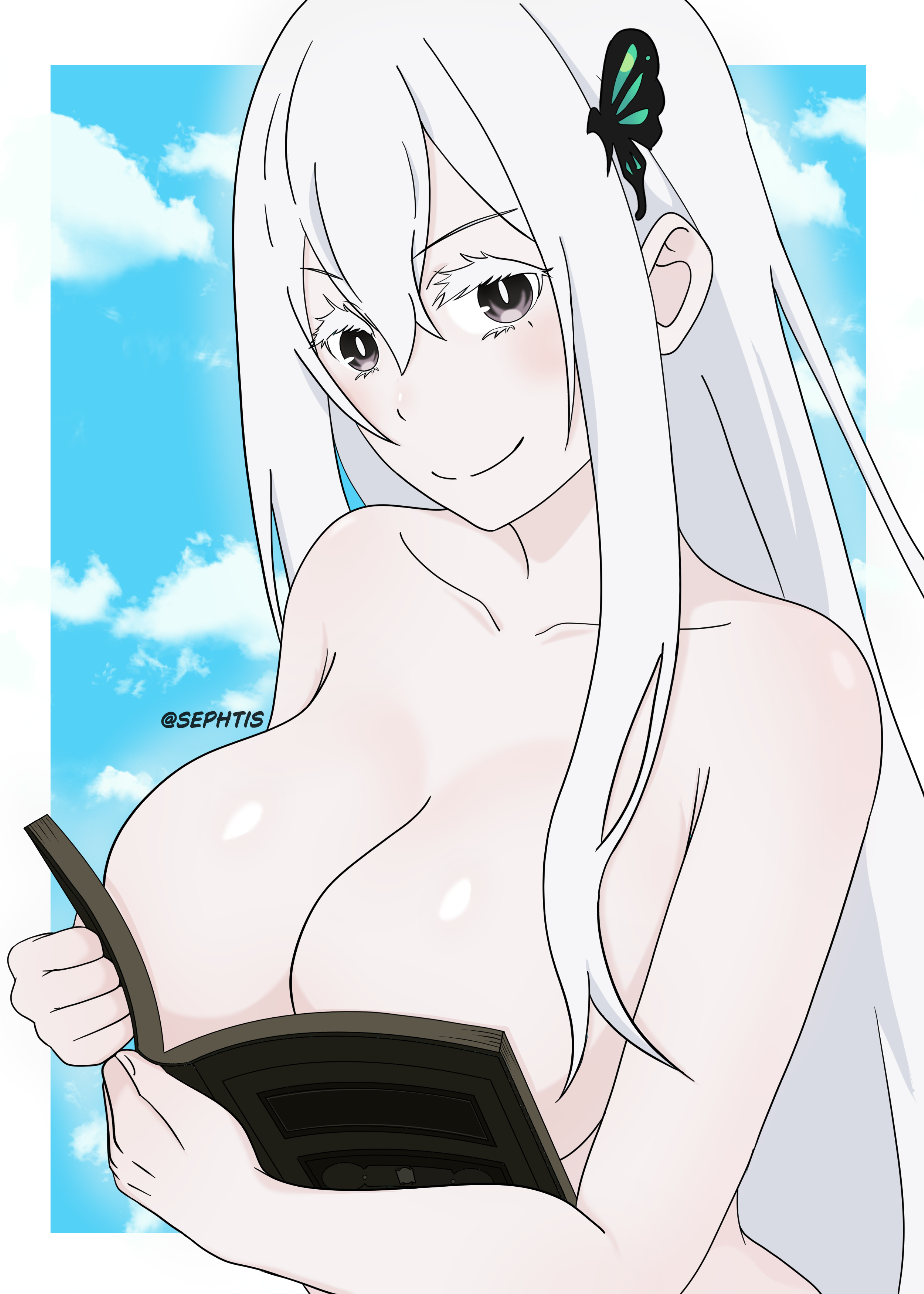 sephtis, echidna (re:zero), re:zero kara hajimeru isekai seikatsu, absurdres, highres, 1girl, blue background, book, breasts, butterfly hair ornament, cloud, hair ornament, holding, holding book, large breasts, long hair, looking at viewer, no bra, nude, outdoors, simple background, sky, smile, solo, straight hair, topless female, upper body, white hair