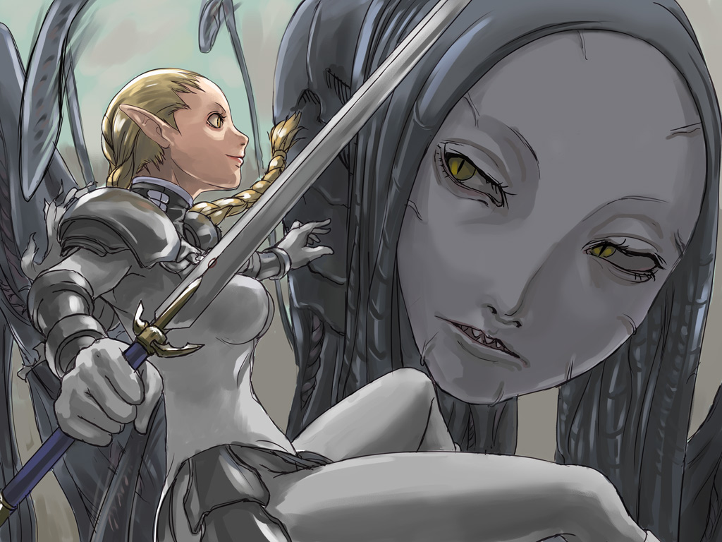 tea (nakenashi), ophelia (claymore), claymore (series), 00s, armor, blonde hair, claymore (sword), pointy ears, sword, weapon
