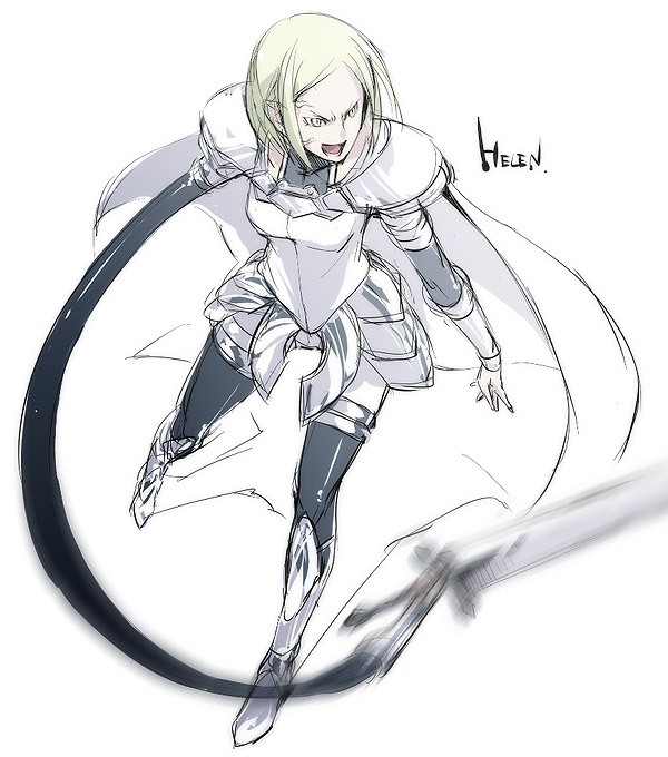 kyo (kuroichigo), helen, claymore (series), screencap, 00s, 1girl, armor, breasts, claymore (sword), female focus, full body, open mouth, short hair, simple background, sketch, solo, stretching, sword, thighhighs, weapon, yellow eyes