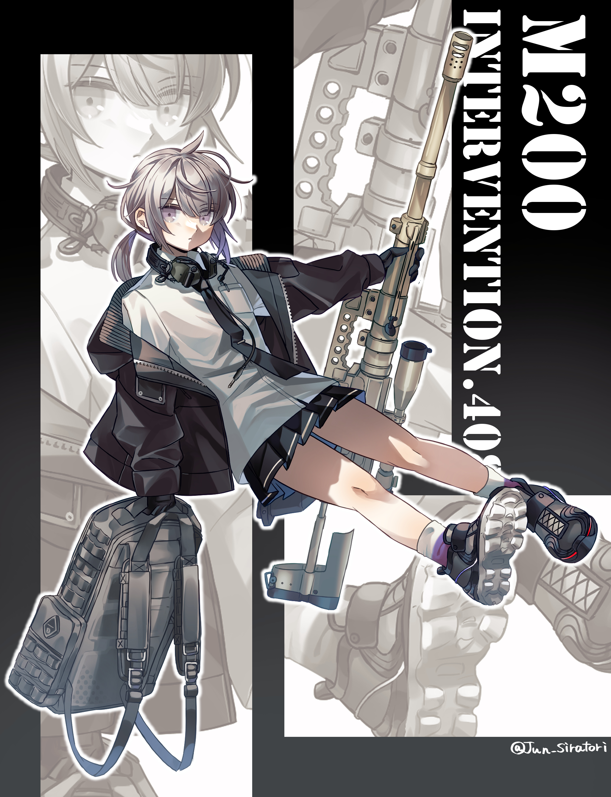 kei (nvew8238), m200 (girls' frontline), girls' frontline, absurdres, commentary request, highres, anti-materiel rifle, backpack, bag, black gloves, black jacket, black necktie, black skirt, bolt action, breast pocket, cheytac m200, closed mouth, english text, expressionless, full body, gloves, grey eyes, grey hair, gun, headphones, headphones around neck, jacket, looking at viewer, medium hair, necktie, object in pocket, pen in pocket, pleated skirt, pocket, ponytail, rifle, shirt, shoes, short ponytail, skirt, sneakers, sniper rifle, twitter username, weapon, white shirt, zoom layer