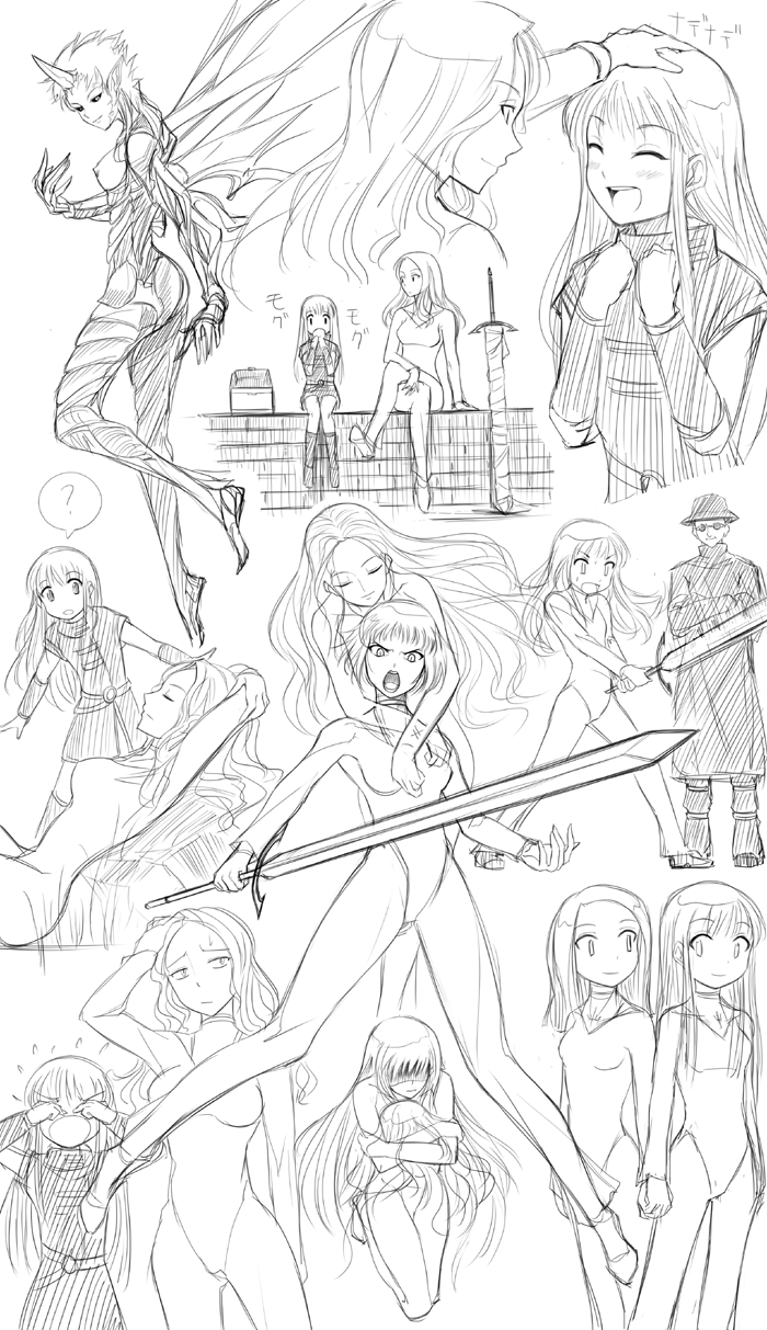 rsk, clare (claymore), elena (claymore), priscilla (claymore), rubel, teresa, claymore (series), highres, 00s, 1boy, 5girls, bare legs, bodysuit, building, city, claymore (sword), greyscale, holding, holding sword, holding weapon, leotard, long hair, looking at viewer, monochrome, multiple girls, outdoors, simple background, sketch, skin tight, spread legs, standing, sword, very long hair, weapon, white background