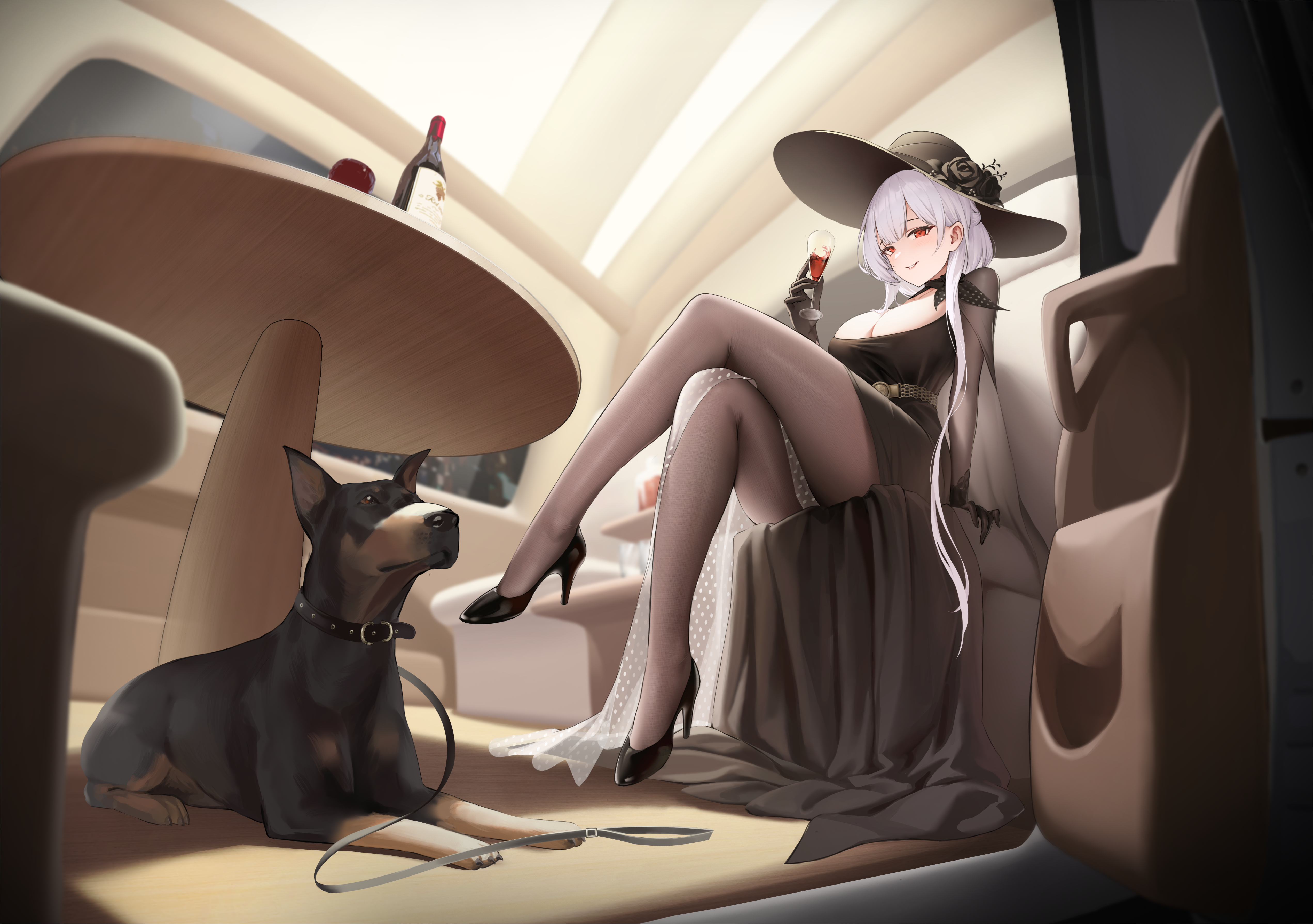 shiran1024, scylla (azur lane), scylla (bathed in the limelight) (azur lane), azur lane, absurdres, highres, 1girl, black dress, black hat, black shoes, bottle, breasts, cleavage, crossed legs, cup, dog, dress, drinking glass, hat, high heels, large breasts, long hair, looking at viewer, official alternate costume, red eyes, shoes, sitting, solo, table, white hair, wine bottle, wine glass
