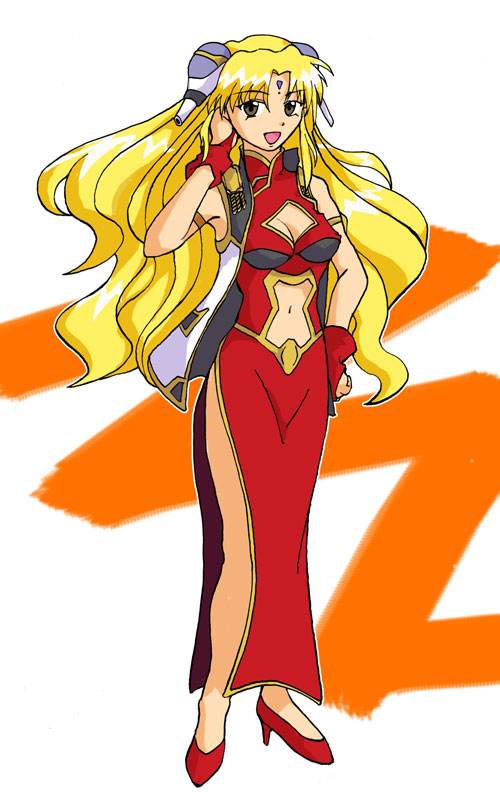 ranpha franboise, galaxy angel, tagme, 00s, 1girl, bare legs, blonde hair, bracelet, bridal gauntlets, brown eyes, character name, cleavage cutout, clothing cutout, dress, facial mark, female focus, forehead mark, gloves, hair ornament, hairclip, high heels, jewelry, long hair, looking at viewer, navel cutout, pelvic curtain, red shoes, shoes, side slit, simple background, solo, very long hair