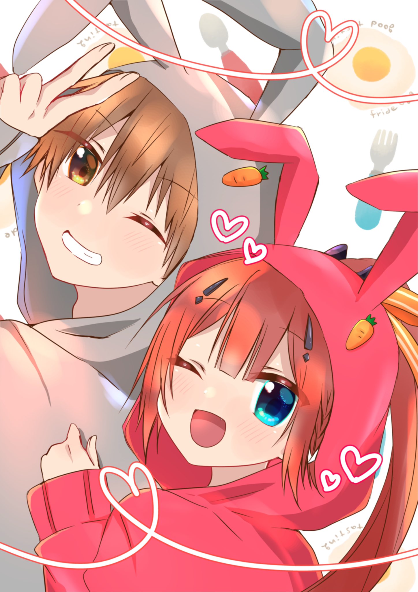 kamiyama shiki, takahara hairi, summer pockets, commentary request, highres, 1boy, 1girl, ;d, alternate costume, animal ears, animal hood, blue eyes, blunt bangs, blush, braid, brown eyes, brown hair, fake animal ears, fang, from behind, grey hoodie, grin, hair ornament, hairclip, hand up, happy, heart, heart of string, hood, hood up, hoodie, long hair, looking at viewer, looking back, mumusubisan0704, one eye closed, open mouth, ponytail, rabbit day, rabbit ears, rabbit hood, red hair, red hoodie, short hair, side braid, sidelocks, simple background, sleeves past wrists, smile, spiked hair, upper body, v, white background