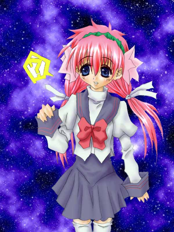 milfeulle sakuraba, galaxy angel, tagme, 00s, 1girl, ?, alternate costume, blue eyes, blush, female focus, flower, hair flower, hair ornament, long hair, low twintails, pink hair, puffy sleeves, sailor collar, school uniform, solo, space, spoken question mark, thighhighs, twintails, zettai ryouiki