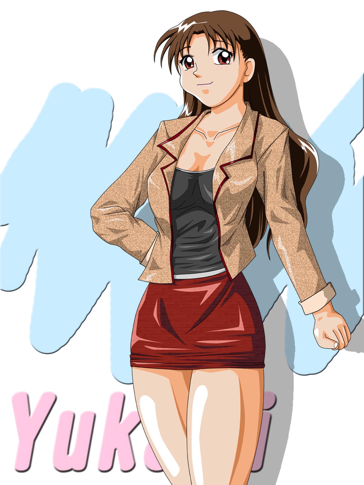 tanizaki yukari, azumanga daiou, highres, 1girl, brown hair, character name, female focus, lipstick, long hair, makeup, miniskirt, pencil skirt, red eyes, shiny skin, simple background, skirt, solo, teacher