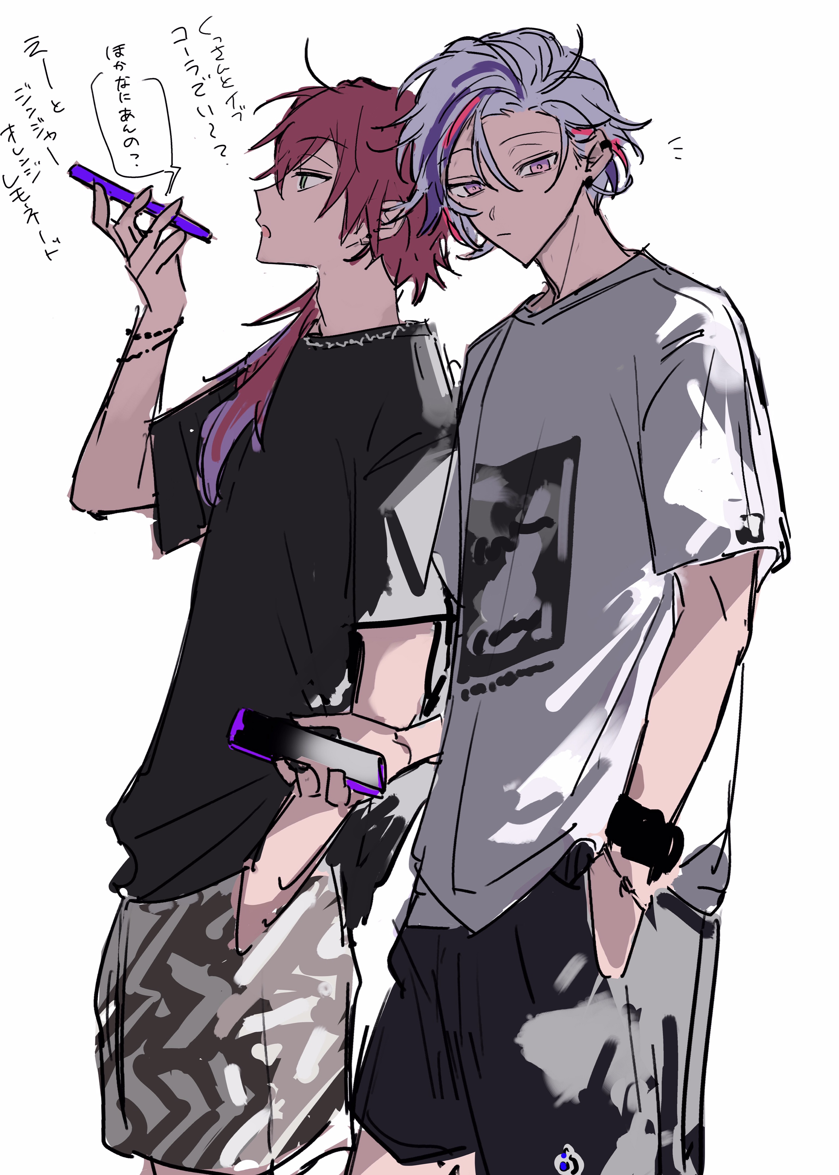kesiks0616, fuwa minato, nijisanji, absurdres, highres, 2boys, black shirt, cellphone, grey hair, hand in pocket, holding, holding phone, long sleeves, male focus, multicolored hair, multiple boys, pants, phone, pink hair, purple eyes, purple hair, red hair, shirt, short hair, simple background, sketch, streaked hair, t-shirt, virtual youtuber, white shirt
