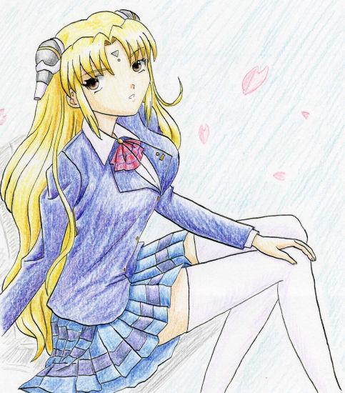 ranpha franboise, galaxy angel, 00s, 1girl, blonde hair, brown eyes, facial mark, female focus, forehead mark, hair ornament, hairclip, long hair, looking at viewer, miniskirt, petals, pleated skirt, school uniform, skirt, solo, thighhighs, very long hair, zettai ryouiki