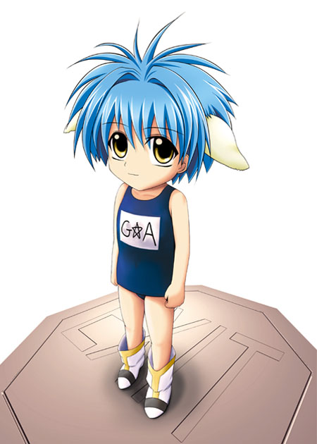 mint blancmanche, galaxy angel, tagme, 00s, 1girl, animal ears, blue hair, female focus, looking at viewer, school swimsuit, short hair, simple background, solo, swimsuit, yellow eyes